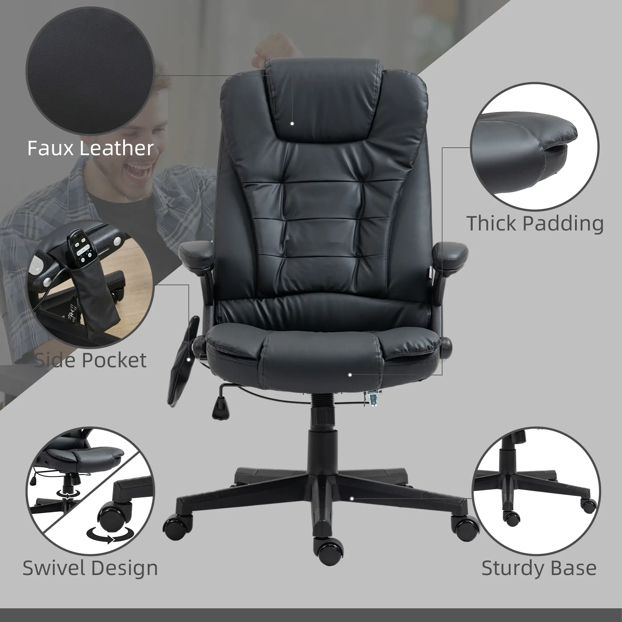 Executive Massage Chair, Heated High Back, Reclining, Swivel, Leather, Adjustable, Vibrating, Black - Image 7