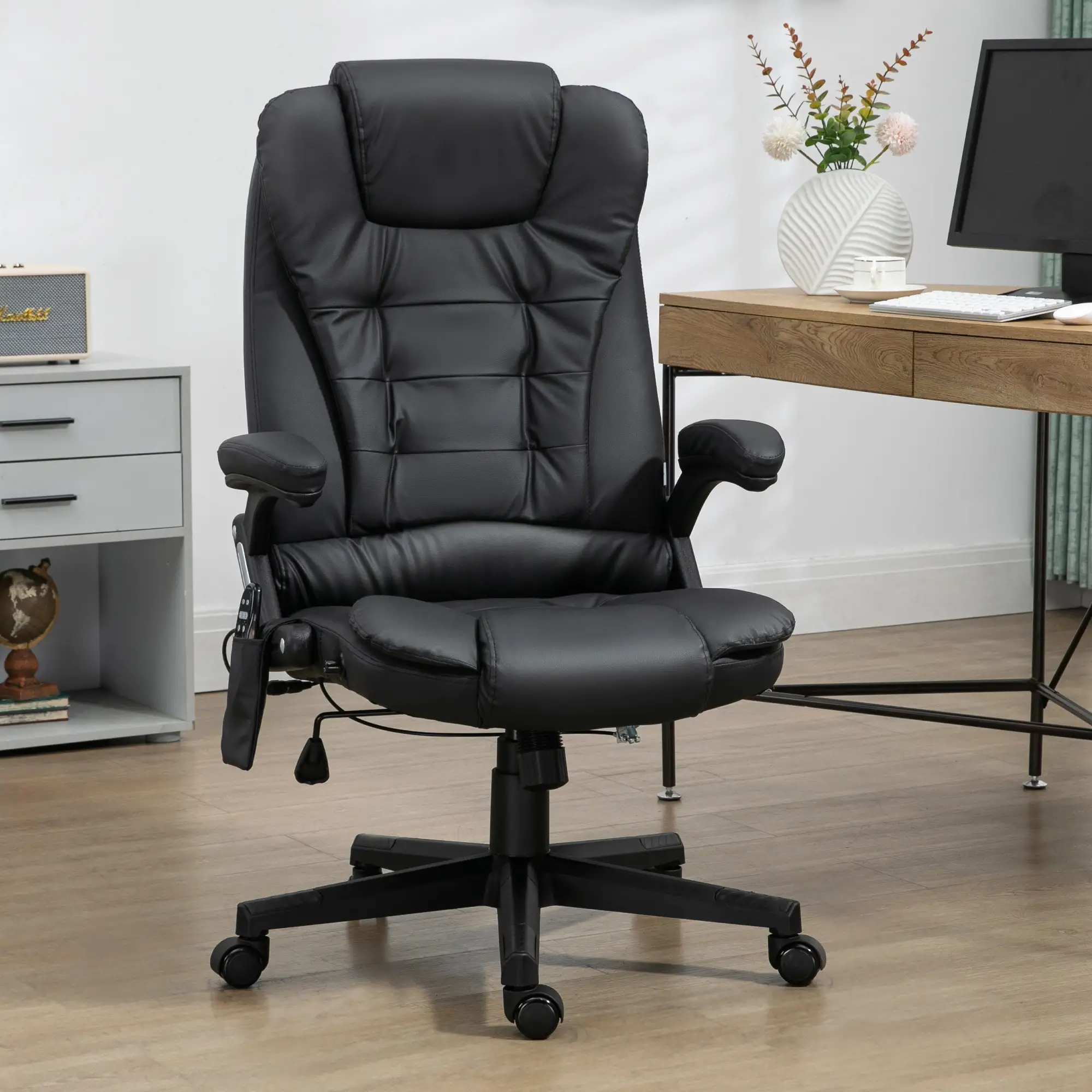 Executive Massage Chair, Heated High Back, Reclining, Swivel, Leather, Adjustable, Vibrating, Black - Image 8