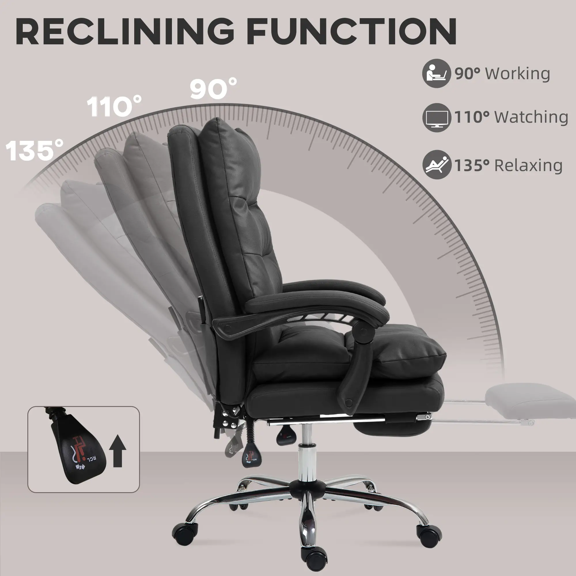 Executive Office Chair, 6 Point Massage and Heat, Microfibre Reclining with Footrest, Black - Image 5