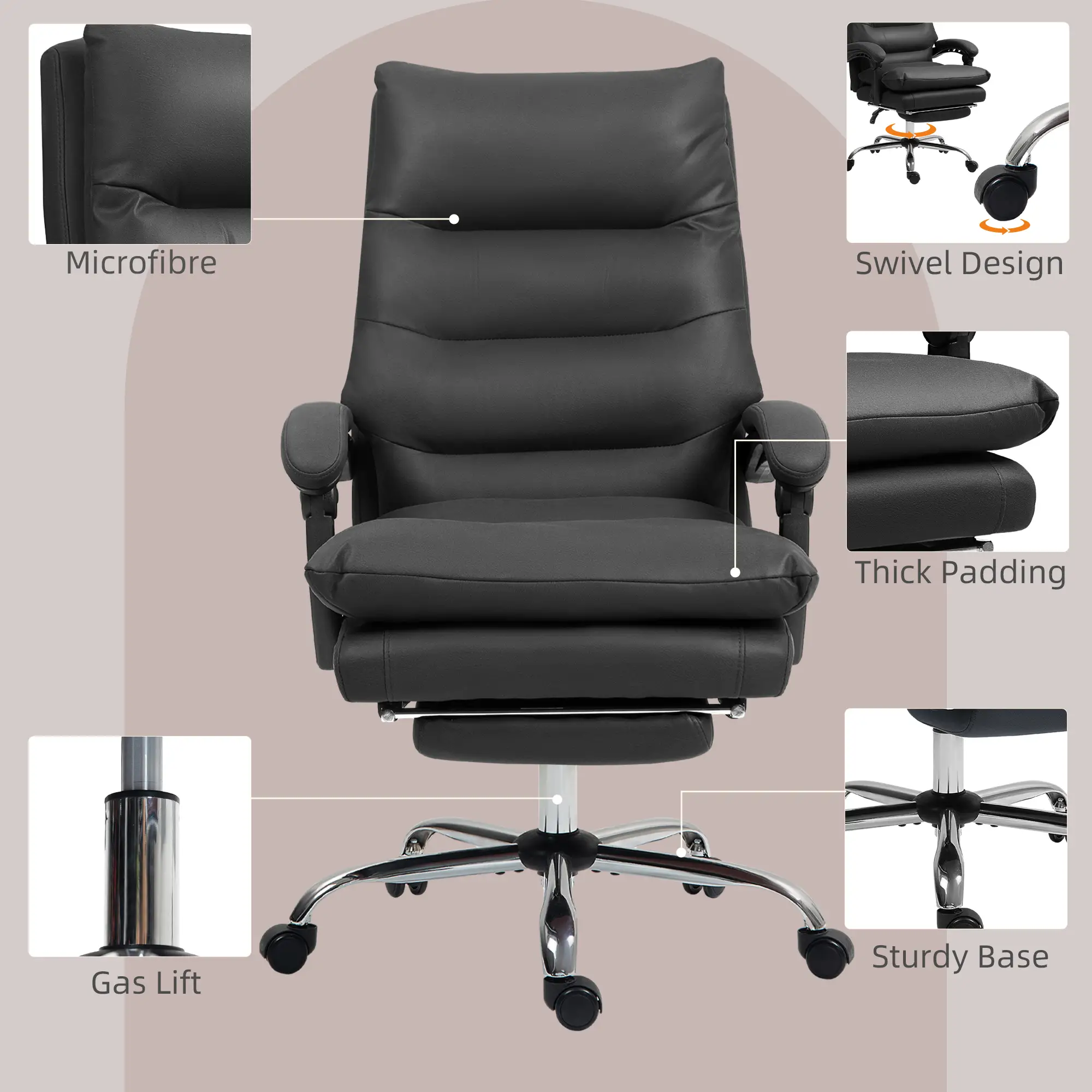 Executive Office Chair, 6 Point Massage and Heat, Microfibre Reclining with Footrest, Black - Image 6