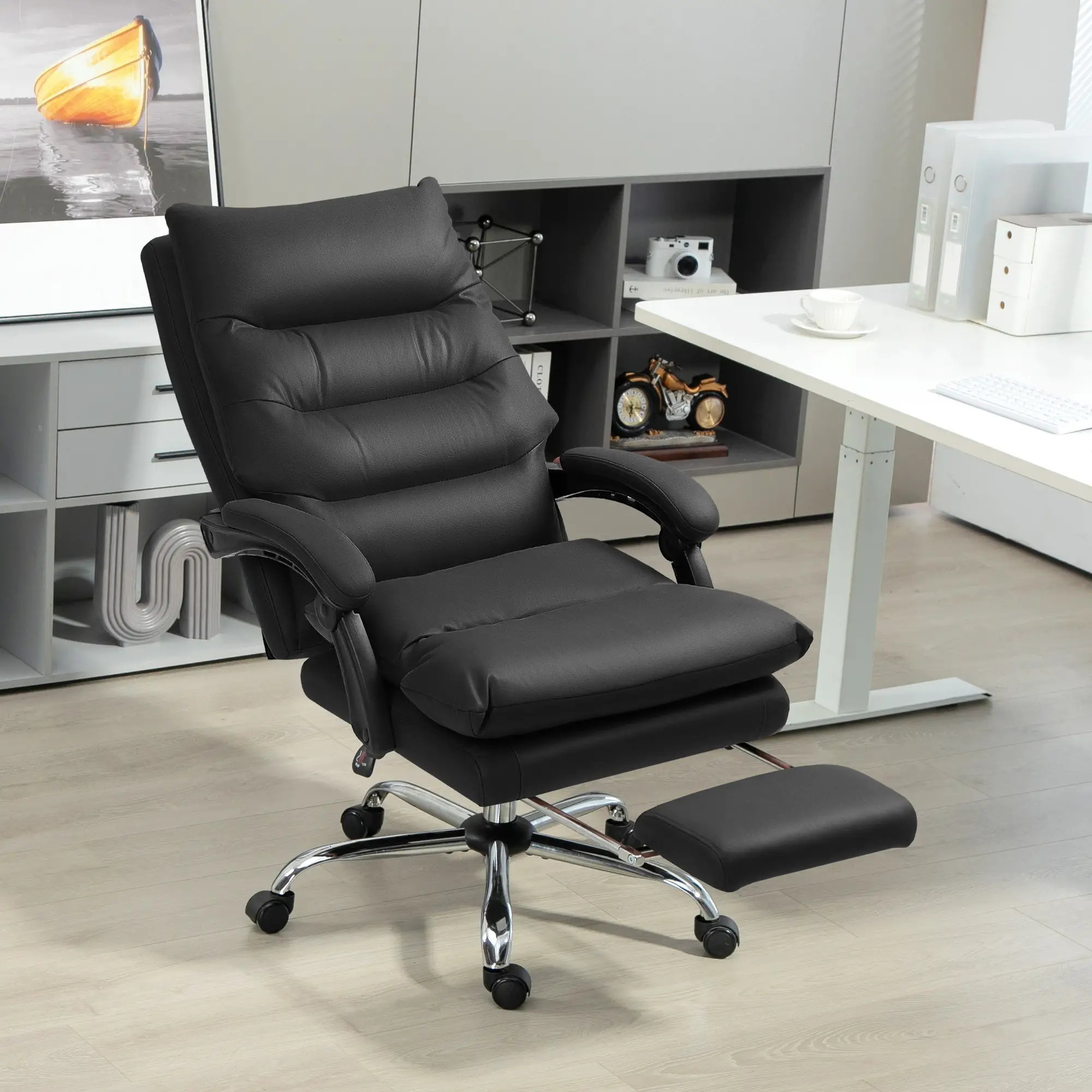 Executive Office Chair, 6 Point Massage and Heat, Microfibre Reclining with Footrest, Black - Image 7