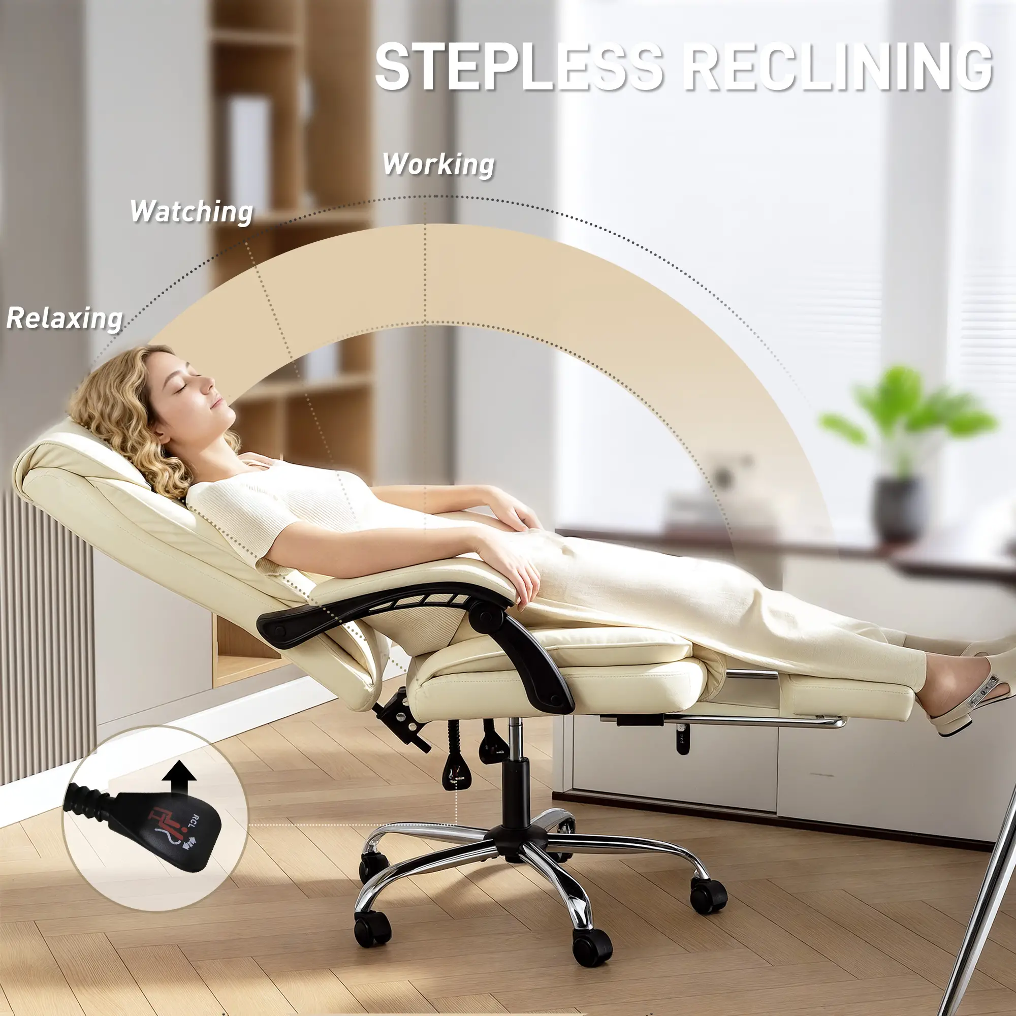 Executive Office Chair, Ergonomic Desk Chair with Footrest, Swivel Recliner, Beige - Image 4