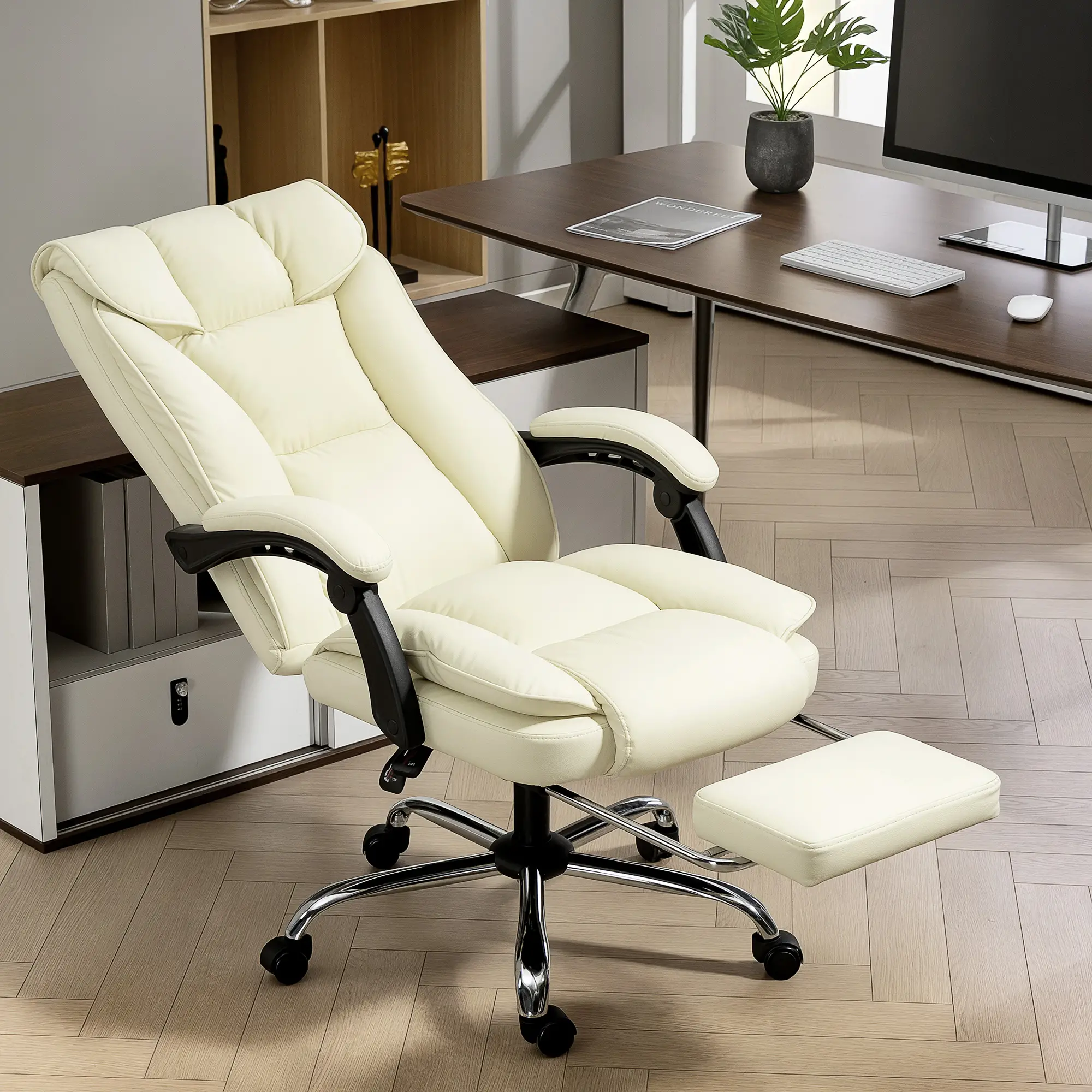 Executive Office Chair, Ergonomic Desk Chair with Footrest, Swivel Recliner, Beige - Image 8
