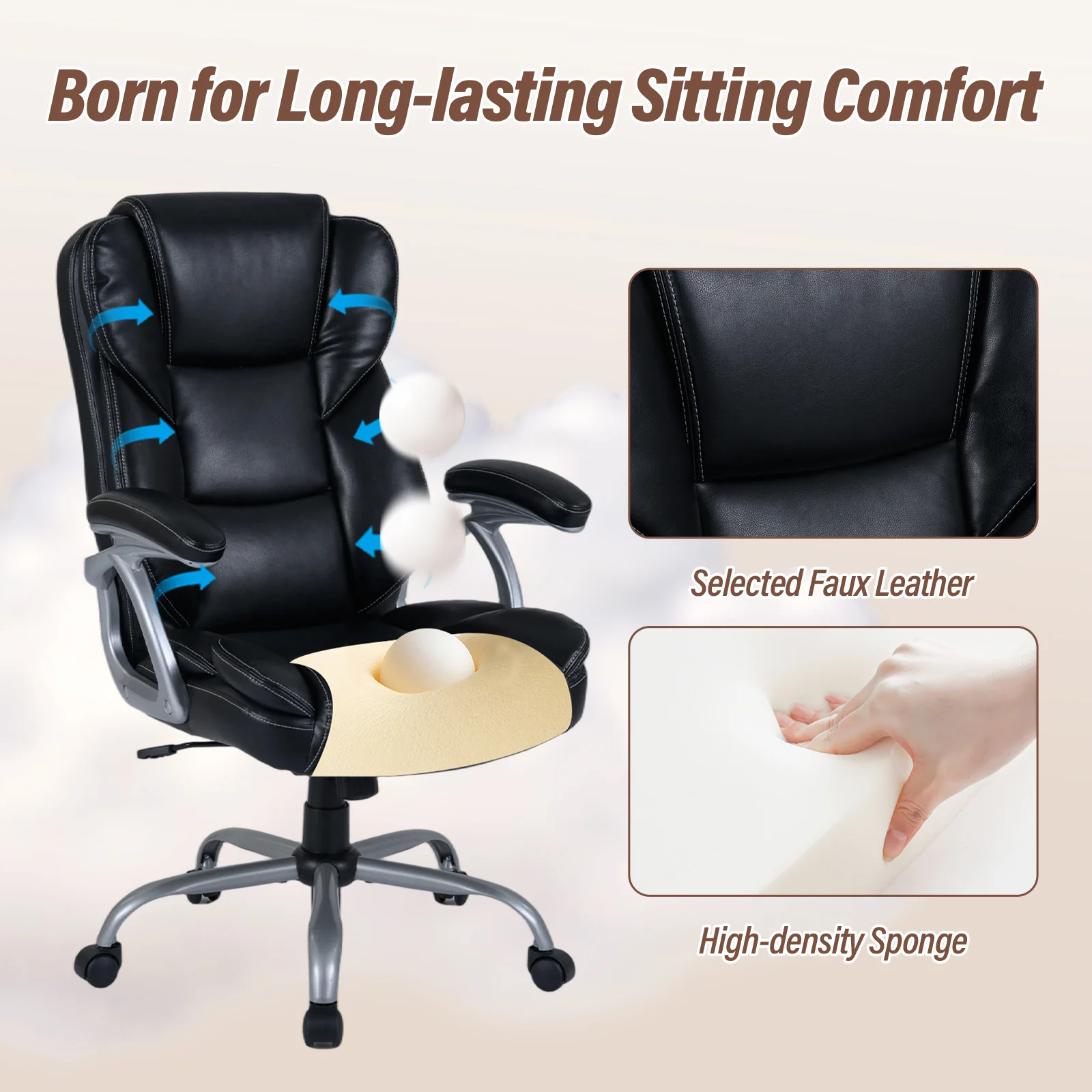 Executive Office Chair Leather Ergonomic Computer Desk Chair with Padded Seat and Armrests, Black - Image 10