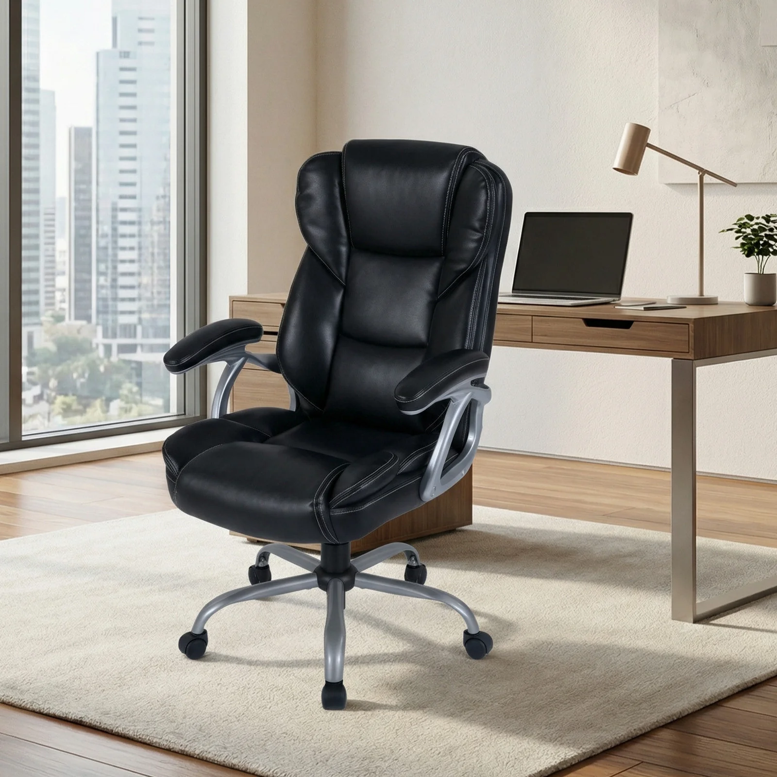 Executive Office Chair Leather Ergonomic Computer Desk Chair with Padded Seat and Armrests, Black - Image 3