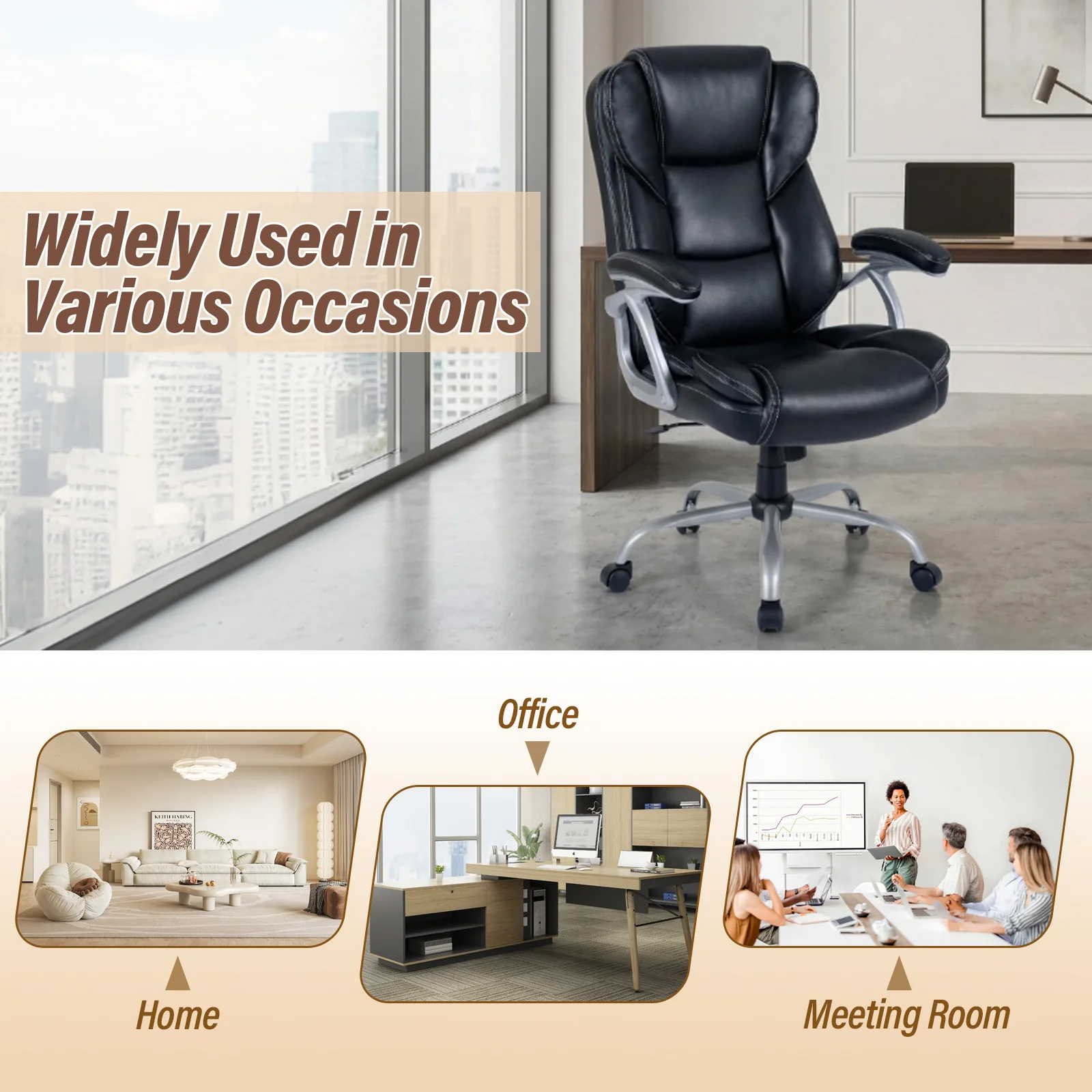 Executive Office Chair Leather Ergonomic Computer Desk Chair with Padded Seat and Armrests, Black - Image 6