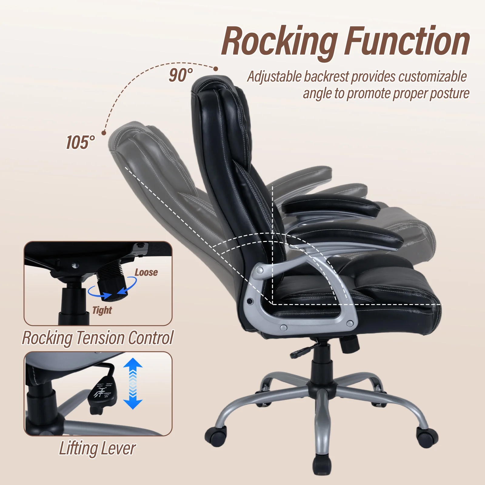 Executive Office Chair Leather Ergonomic Computer Desk Chair with Padded Seat and Armrests, Black - Image 8