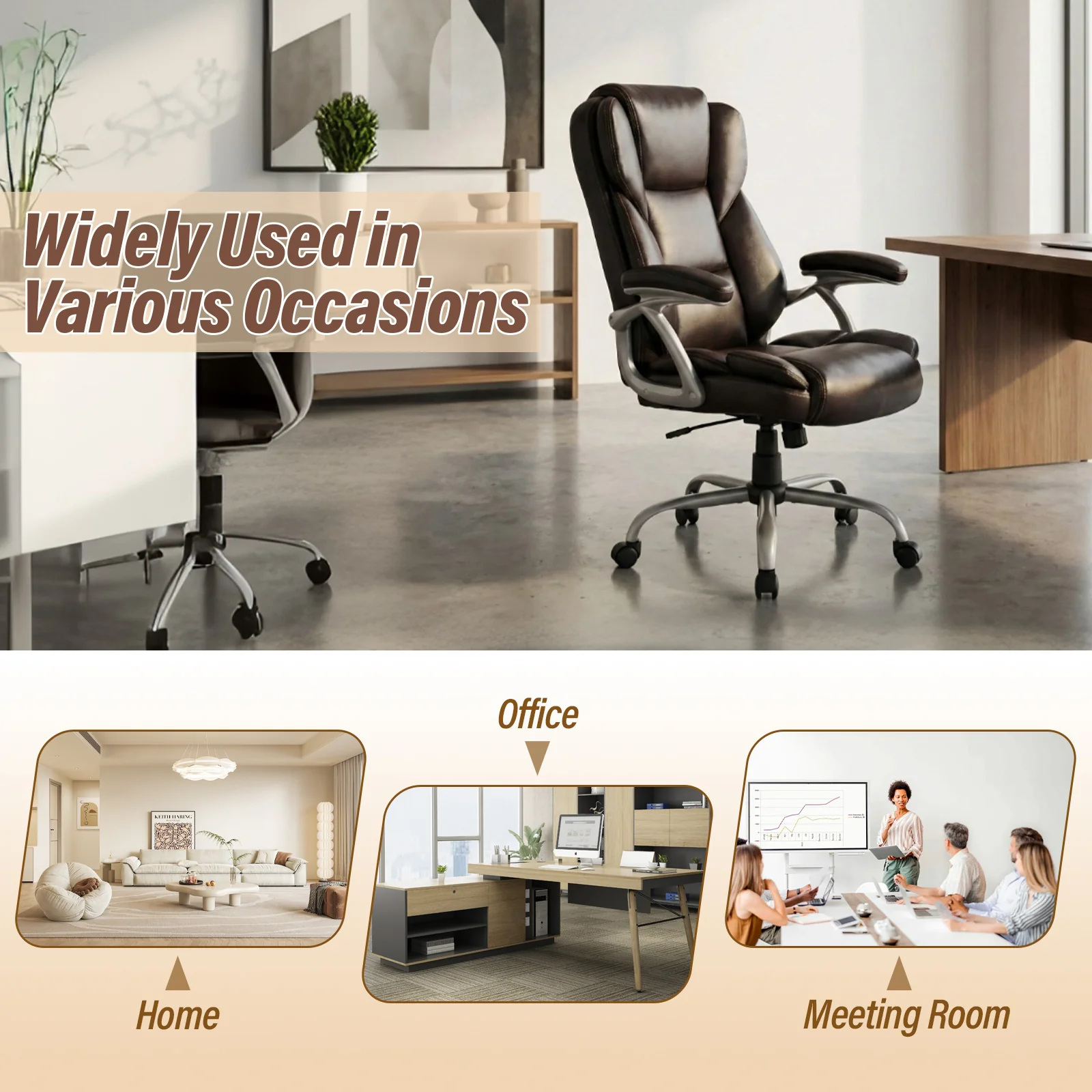 Executive Office Chair Leather Ergonomic Computer Desk Chair with Padded Seat and Armrests, Brown - Image 6
