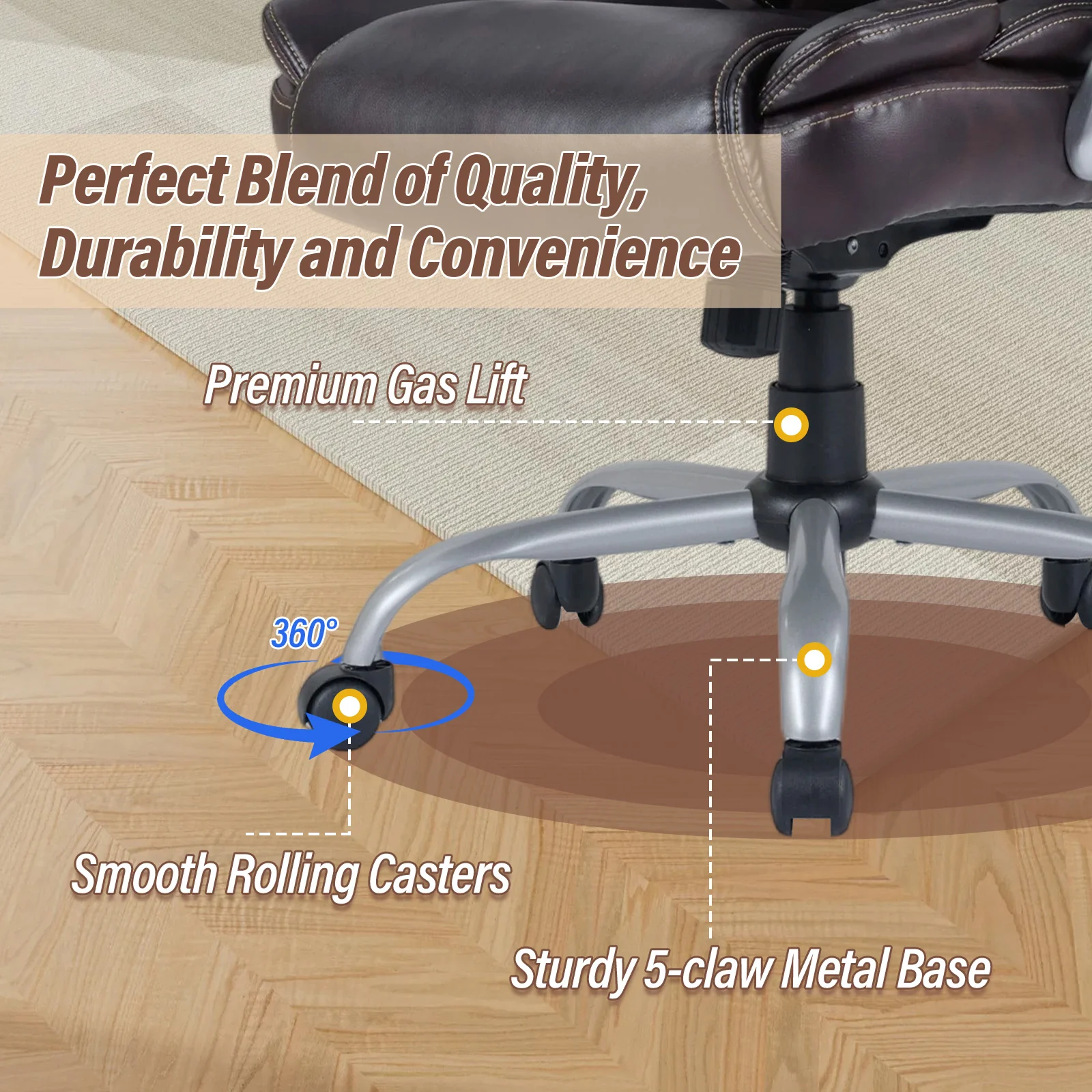 Executive Office Chair Leather Ergonomic Computer Desk Chair with Padded Seat and Armrests, Brown - Image 7