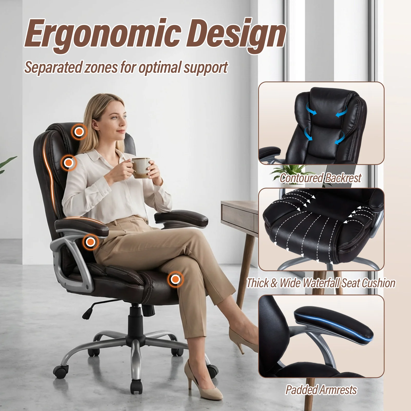 Executive Office Chair Leather Ergonomic Computer Desk Chair with Padded Seat and Armrests, Brown - Image 9