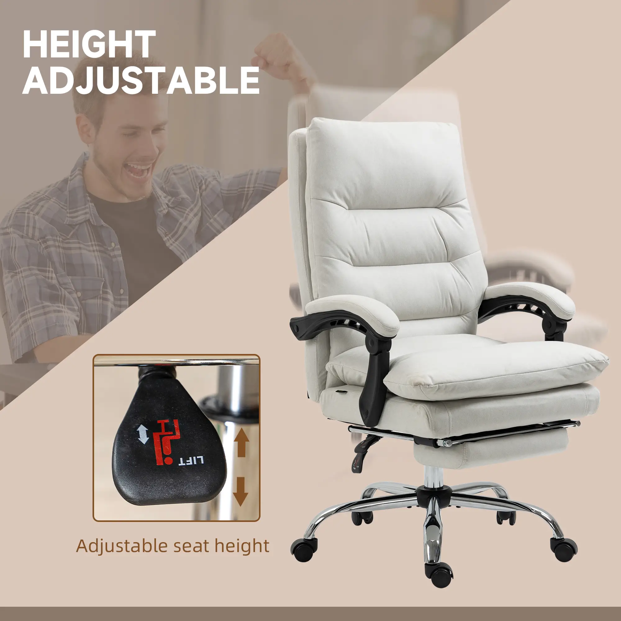 Executive Office Chair with Massage and Heat, Reclining Computer Chair with Footrest, Cream White - Image 5