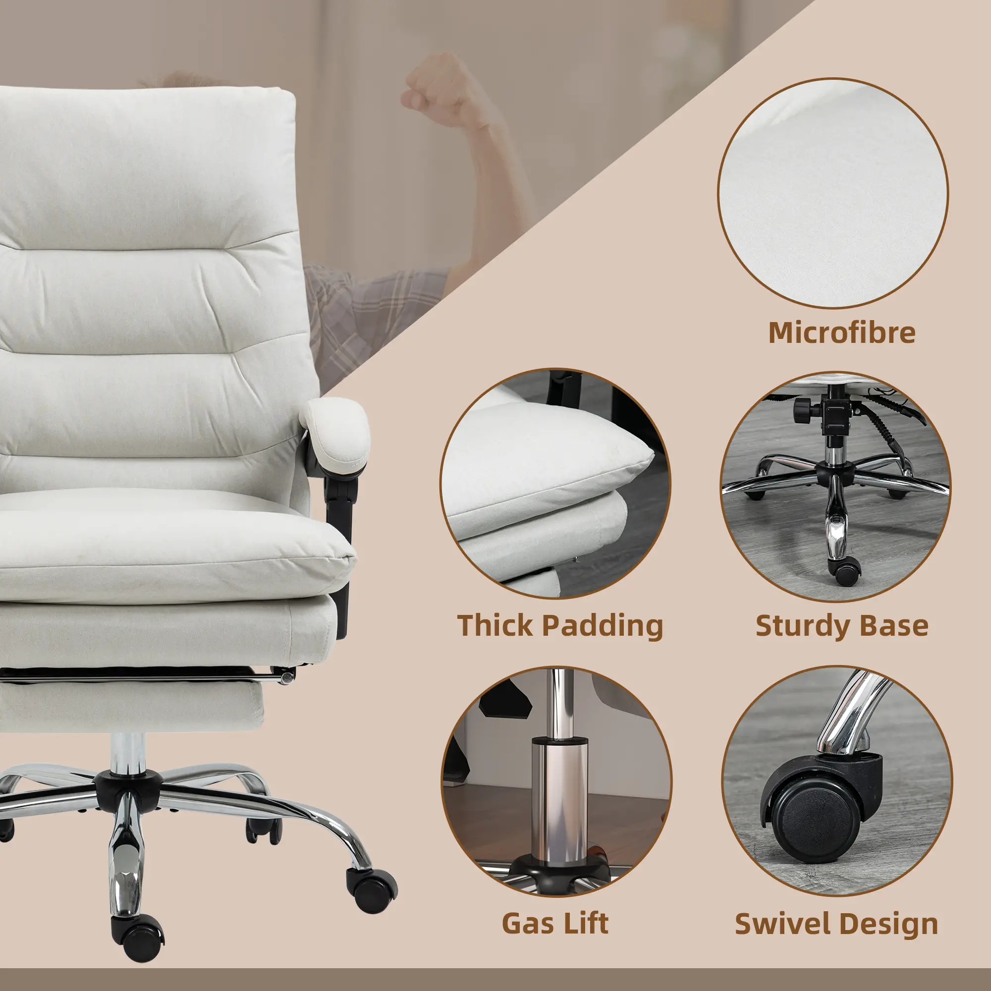 Executive Office Chair with Massage and Heat, Reclining Computer Chair with Footrest, Cream White - Image 7