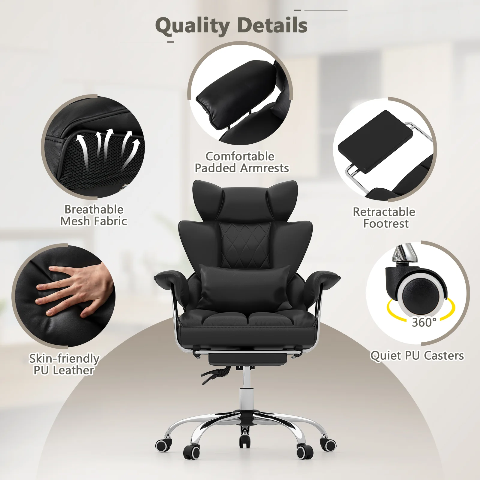 Executive Office Desk Chair With Footrest, Lumbar Support, Black - Image 10