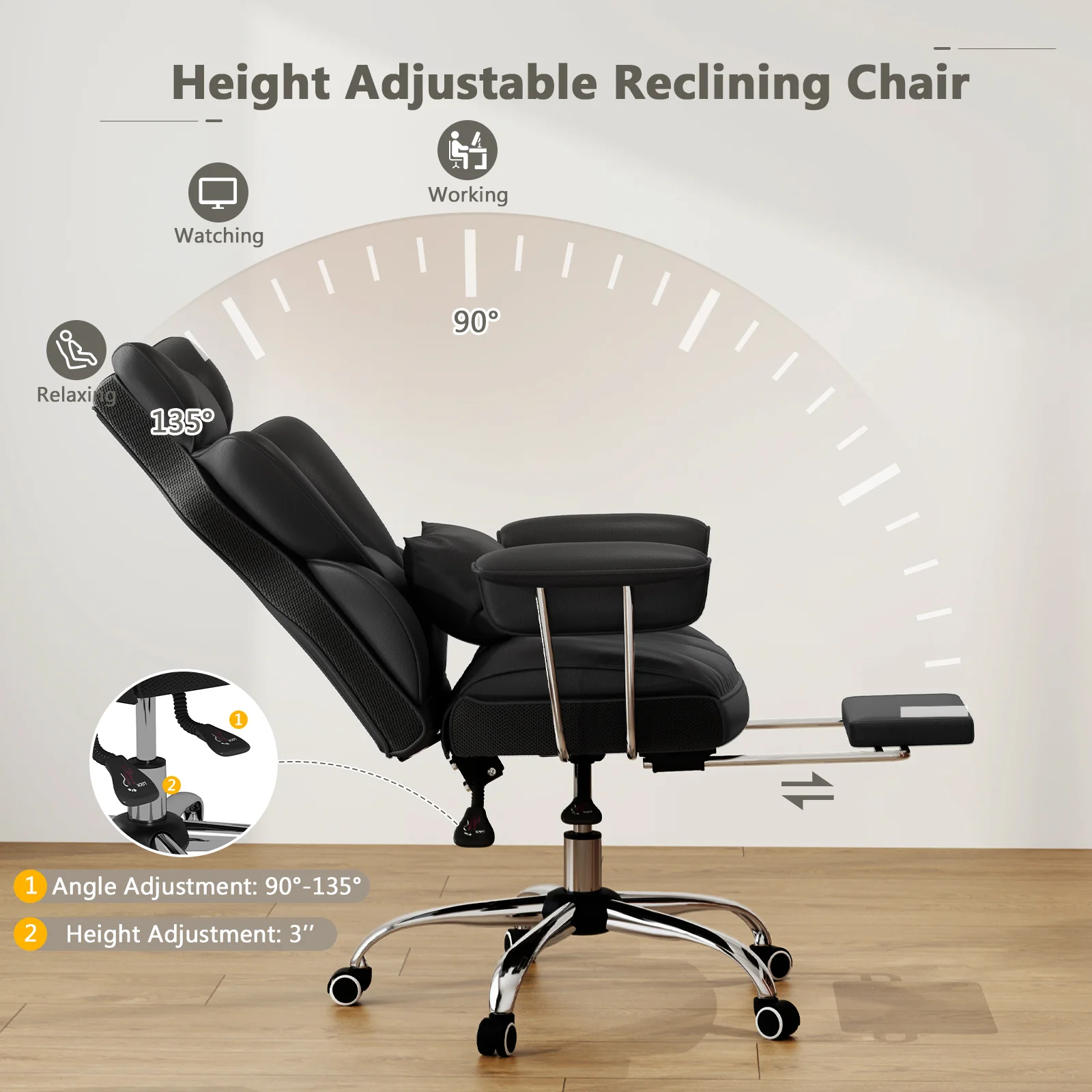Executive Office Desk Chair With Footrest, Lumbar Support, Black - Image 7