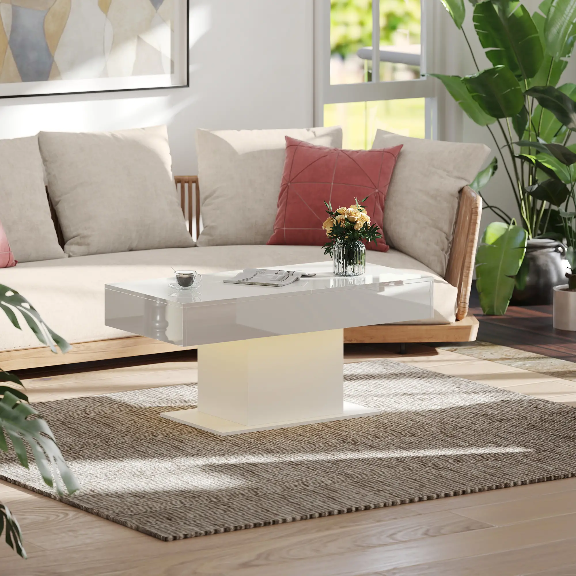 Extendable Coffee Table with LED Lights, Modern High Gloss Center Table with Hidden Storage, White - Image 10