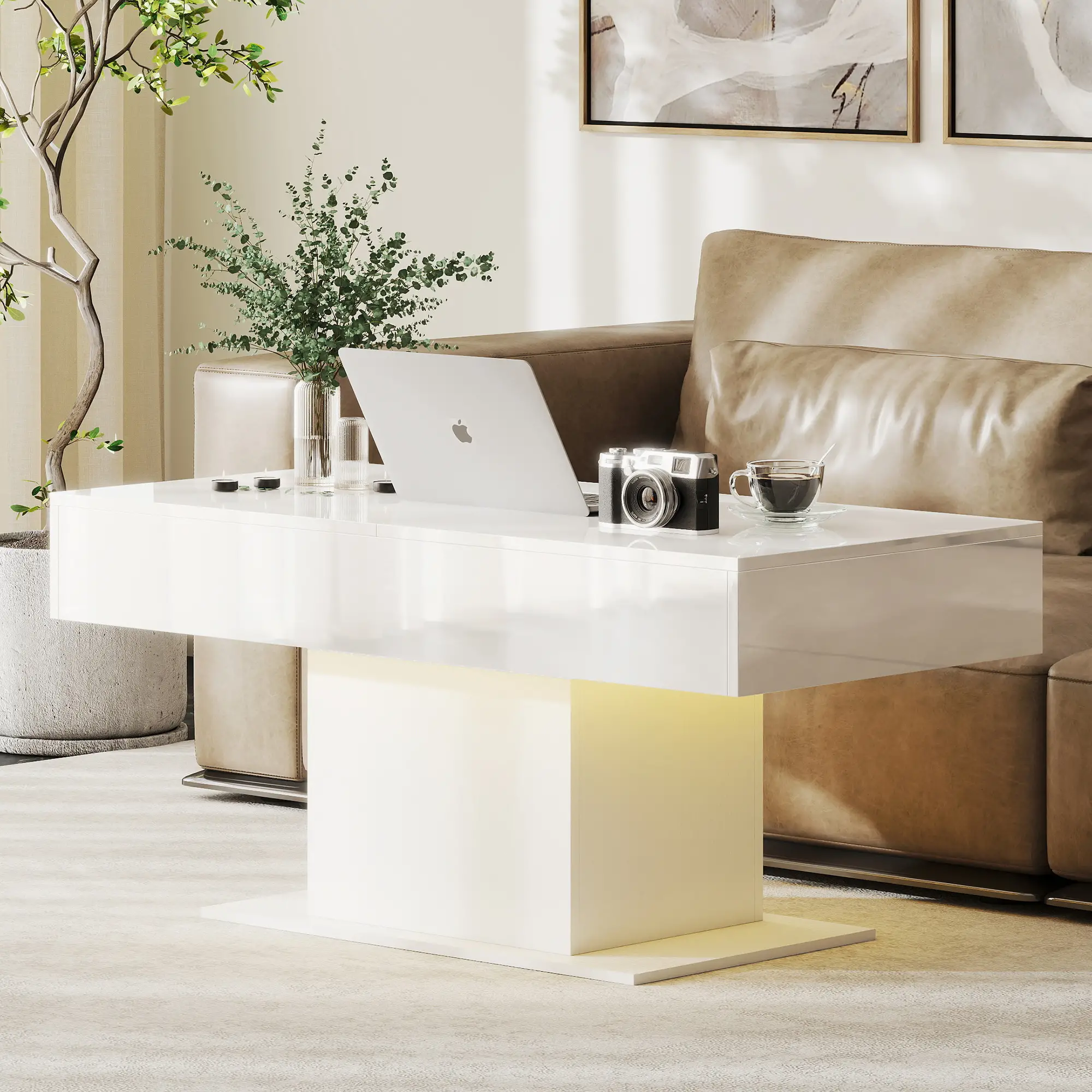Extendable Coffee Table with LED Lights, Modern High Gloss Center Table with Hidden Storage, White - Image 2