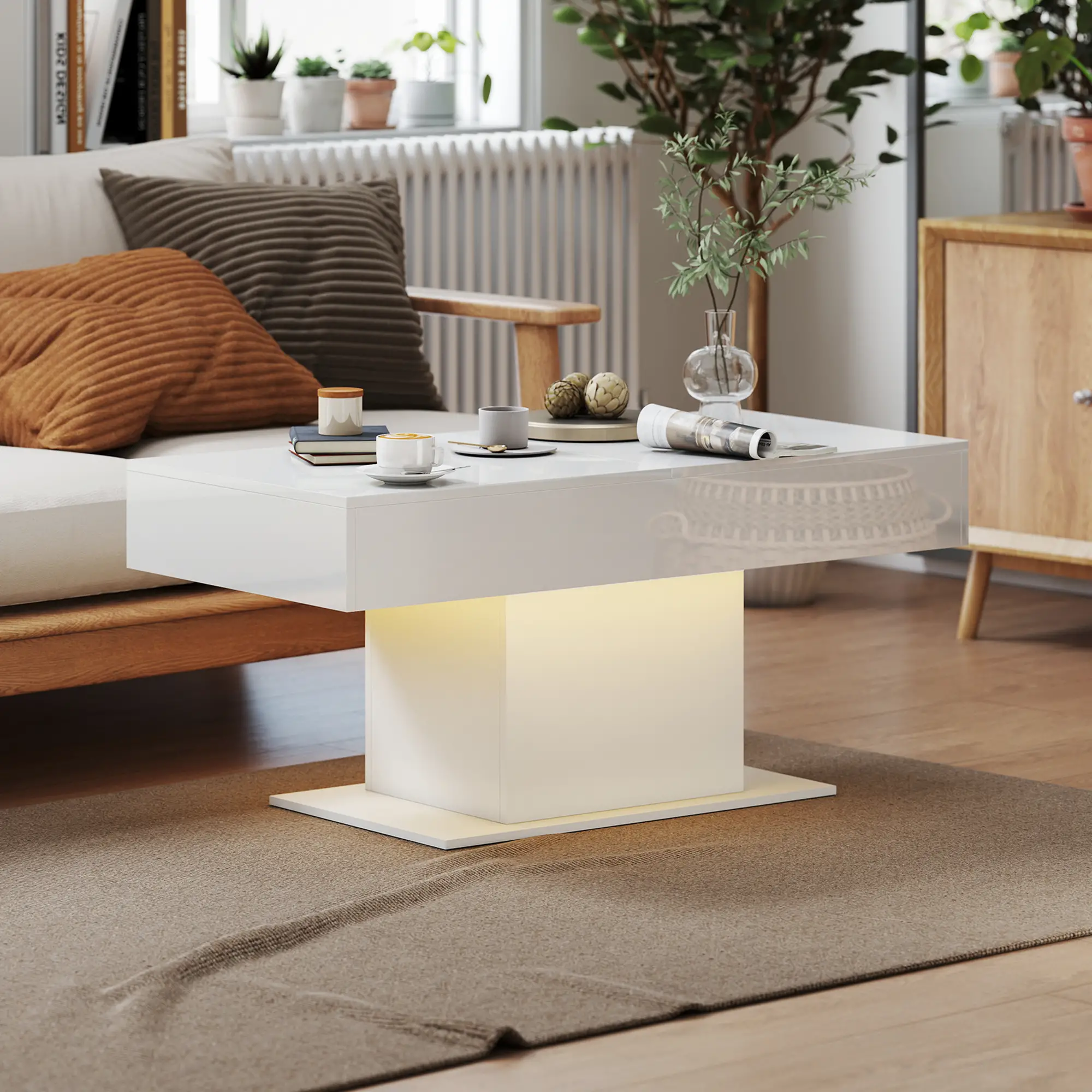 Extendable Coffee Table with LED Lights, Modern High Gloss Center Table with Hidden Storage, White - Image 8