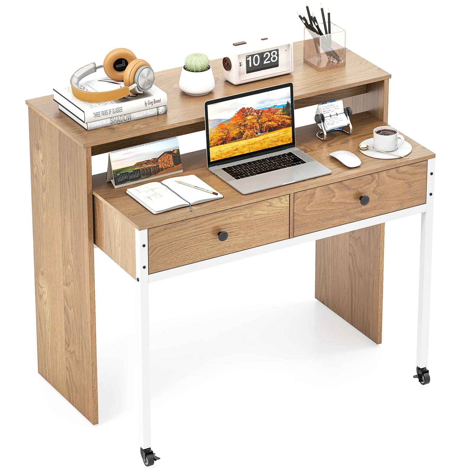 Extendable Computer Desk, Pull Out Secondary Desk, Natural