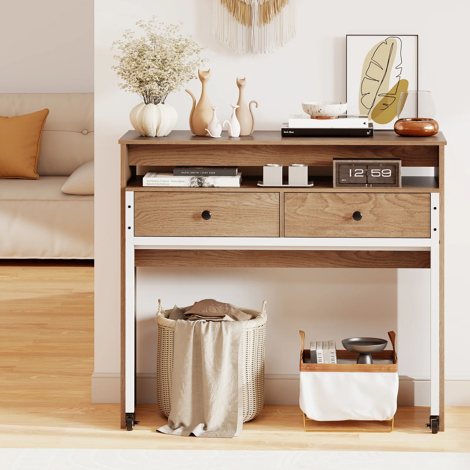 Extendable Computer Desk, Pull Out Secondary Desk, Natural - Image 2