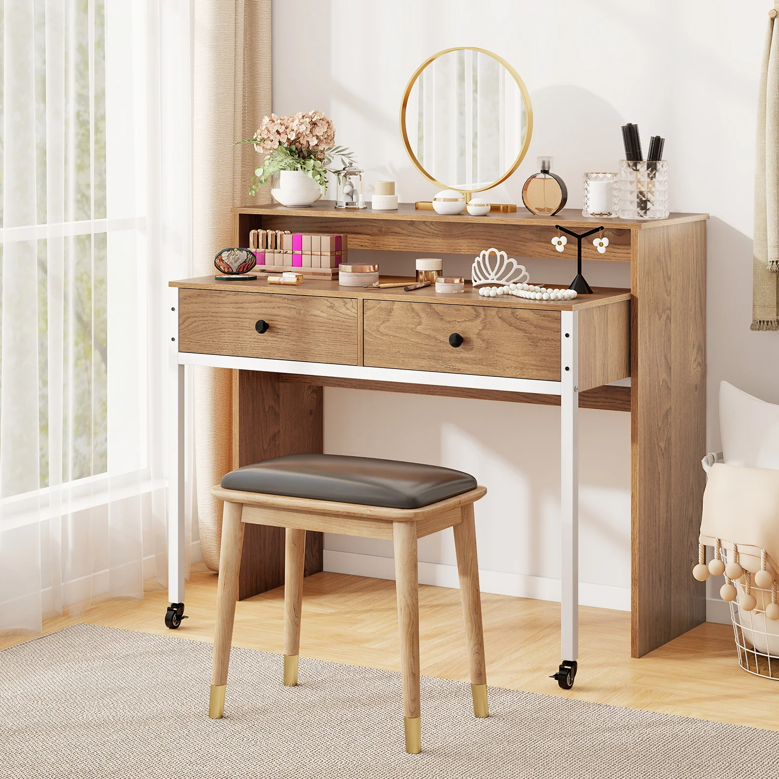 Extendable Computer Desk, Pull Out Secondary Desk, Natural - Image 7