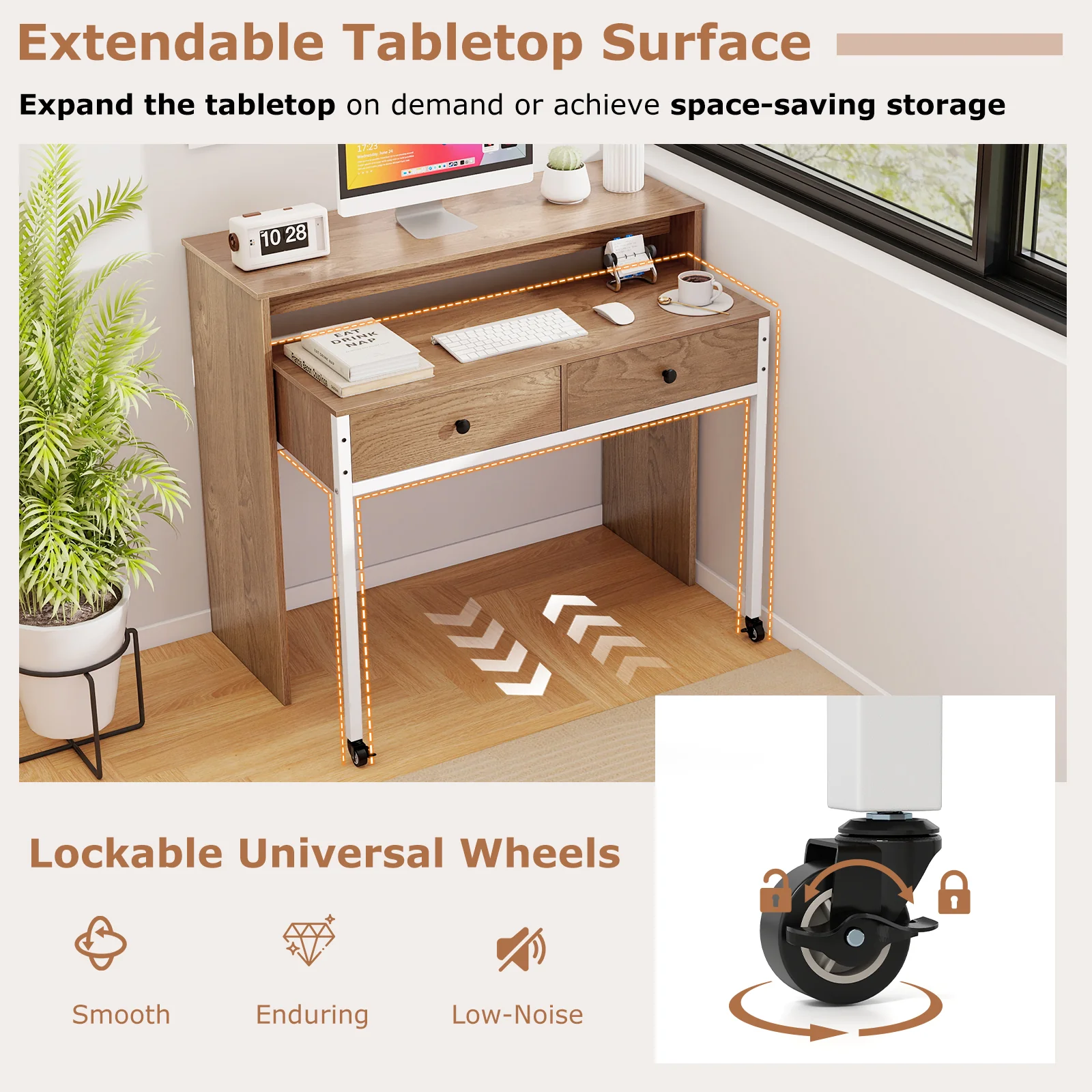 Extendable Computer Desk, Pull Out Secondary Desk, Natural - Image 8