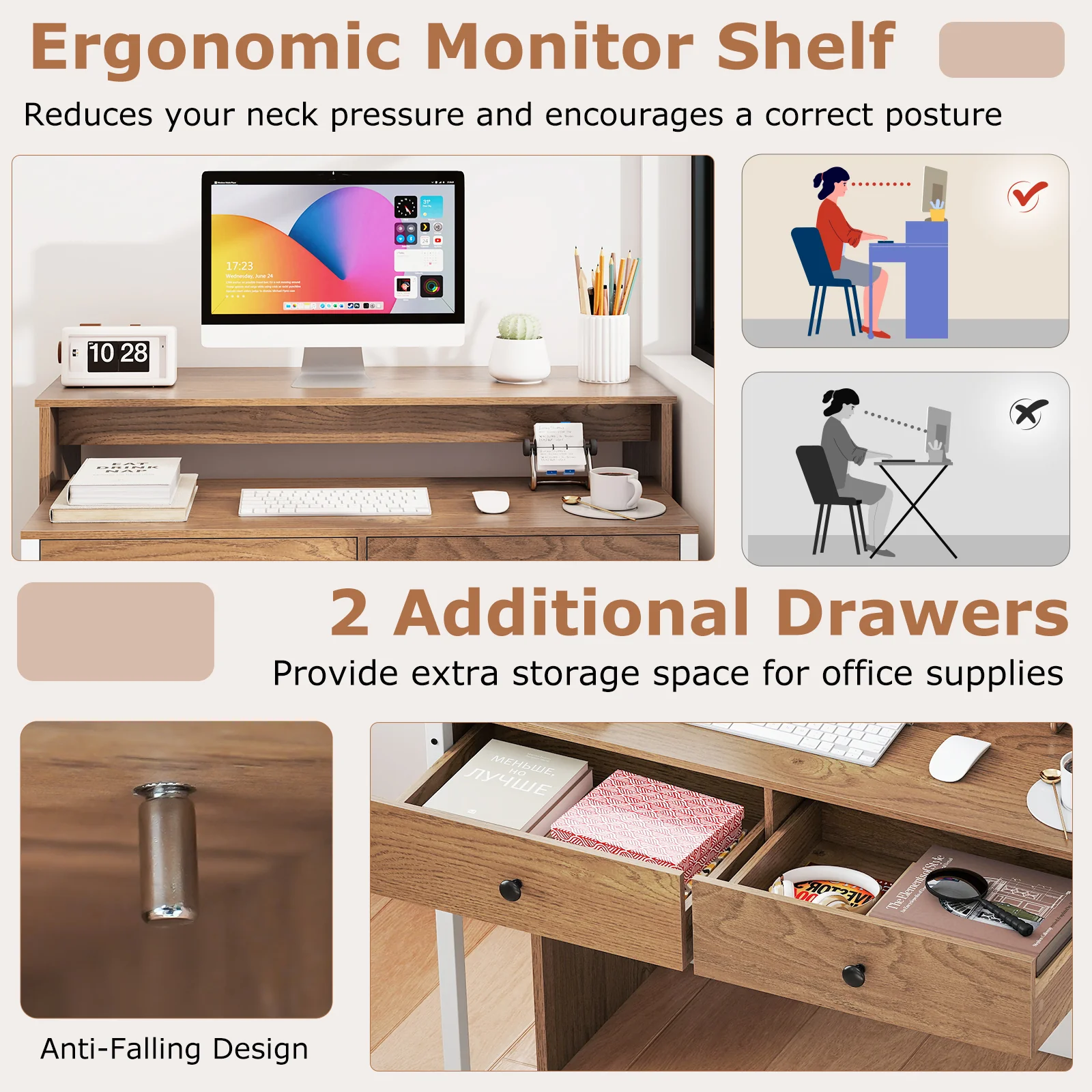 Extendable Computer Desk, Pull Out Secondary Desk, Natural - Image 9