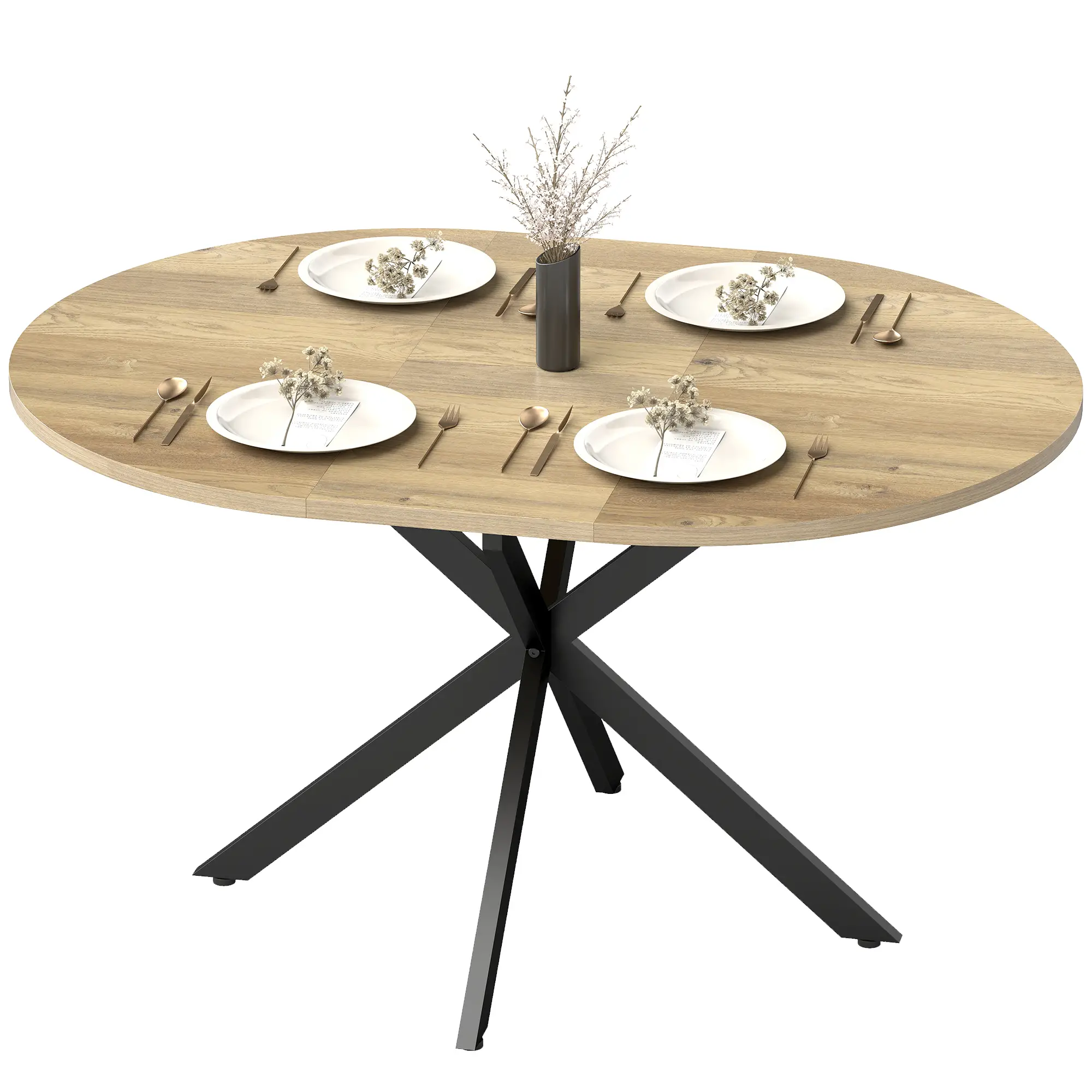 Extendable Dining Table, 39.5"-53", Natural Wood, Industrial Kitchen Table