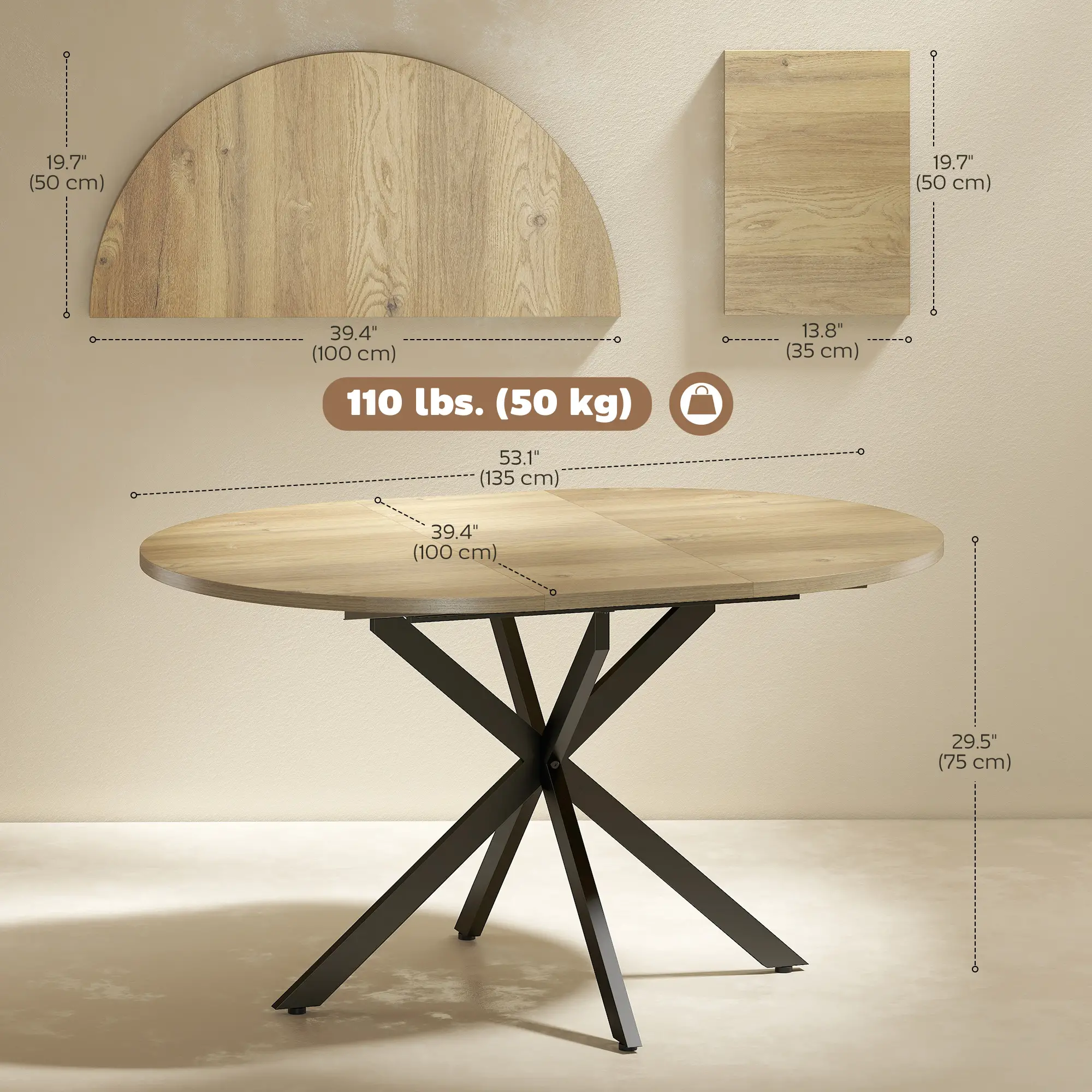 Extendable Dining Table, 39.5"-53", Natural Wood, Industrial Kitchen Table - Image 3