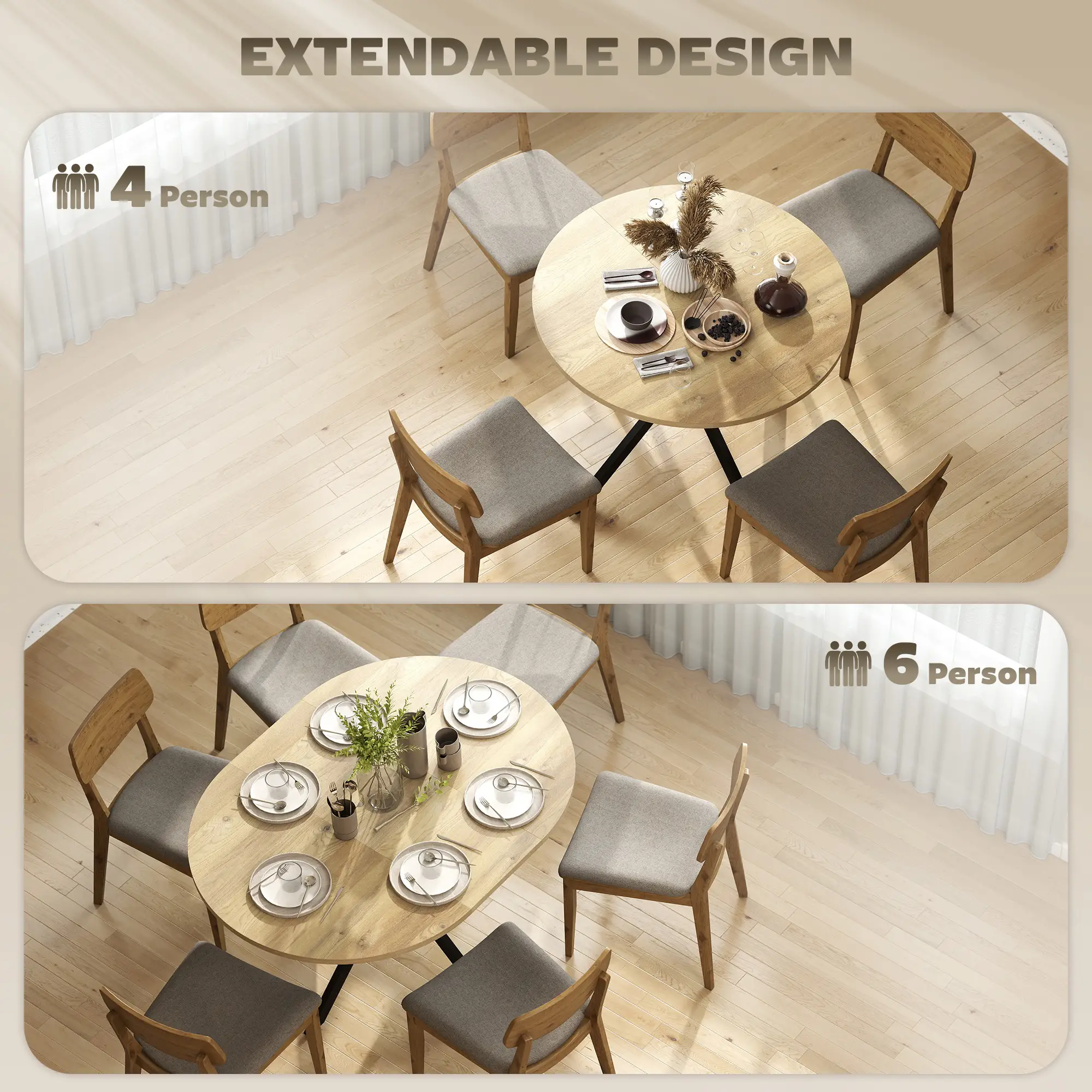 Extendable Dining Table, 39.5"-53", Natural Wood, Industrial Kitchen Table - Image 4