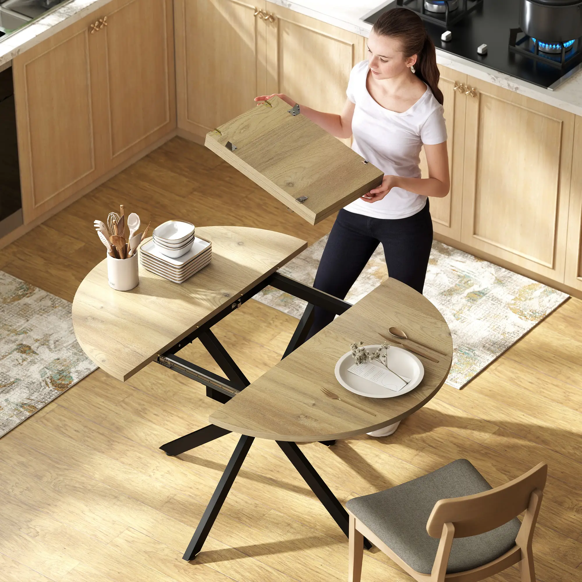 Extendable Dining Table, 39.5"-53", Natural Wood, Industrial Kitchen Table - Image 9