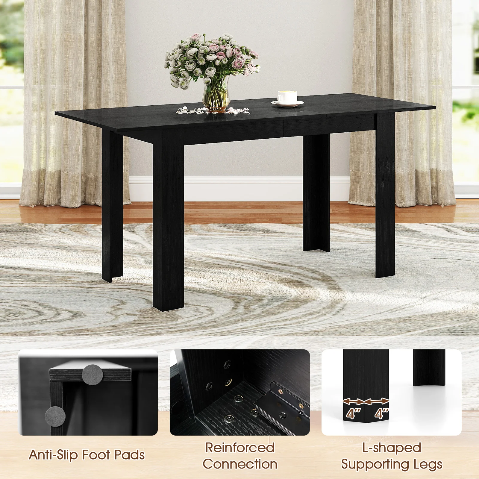 Extendable Dining Table, 47"-62", For 4-8 People, Black - Image 8
