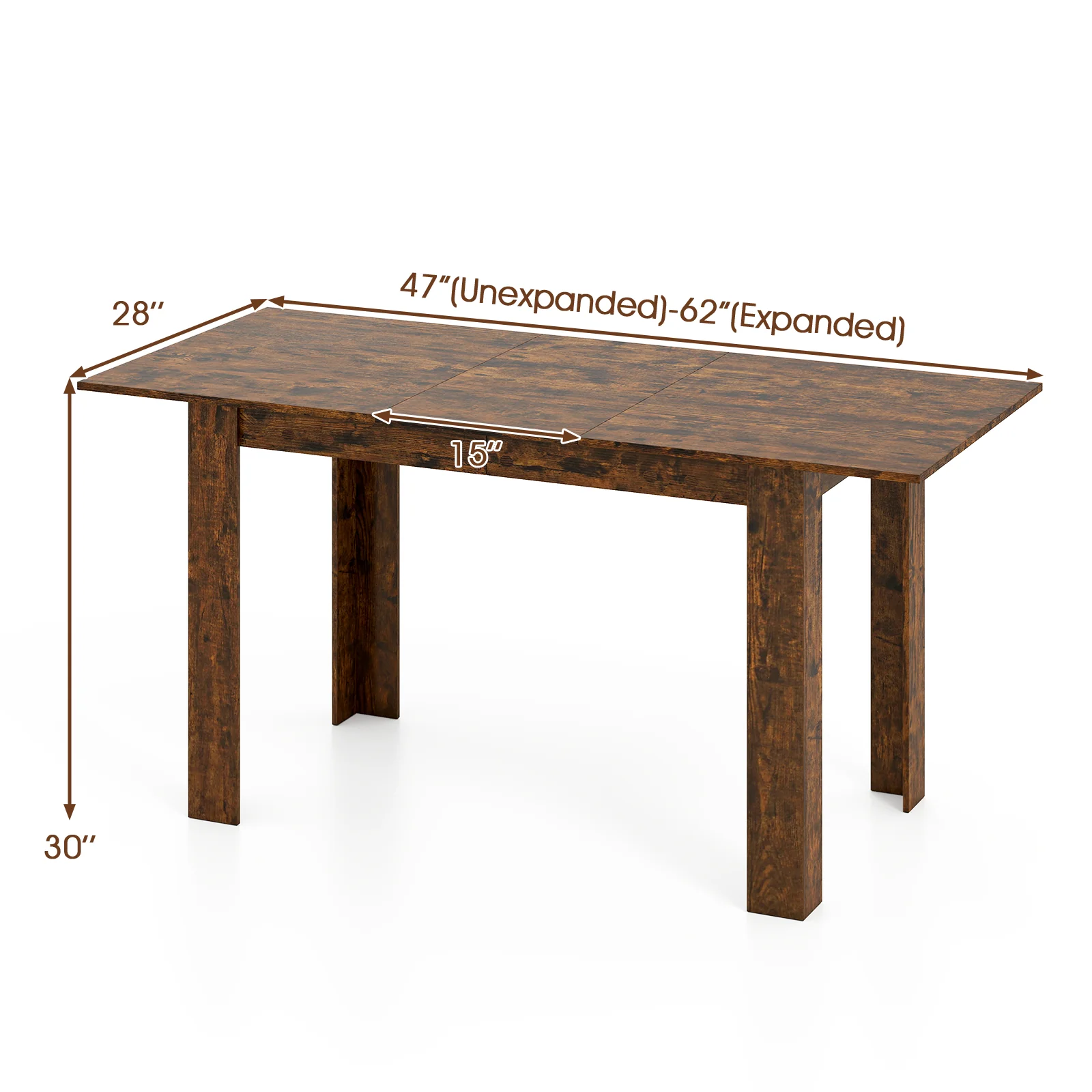Extendable Dining Table, 47"-62", For 4-8 People, Rustic Brown - Image 6