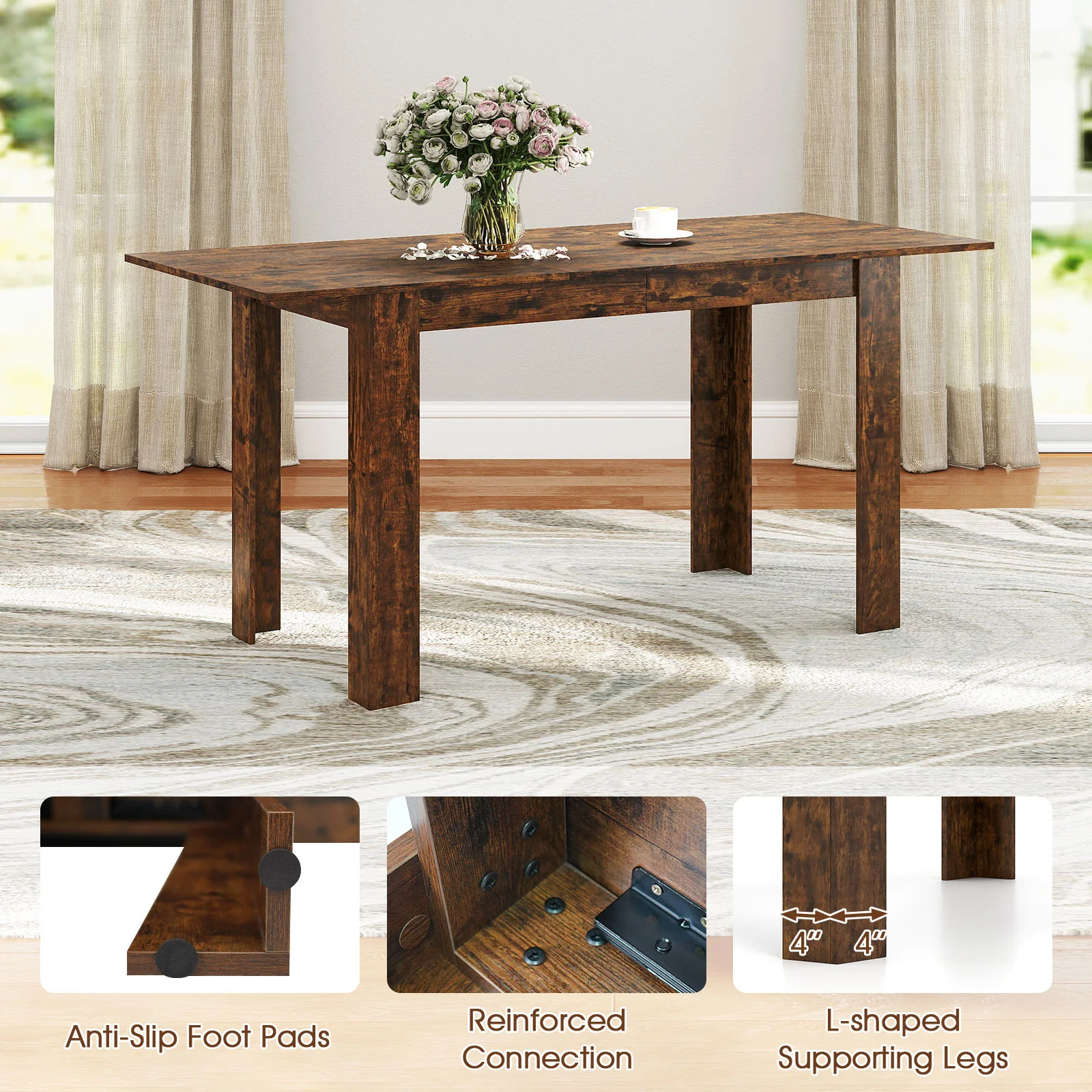 Extendable Dining Table, 47"-62", For 4-8 People, Rustic Brown - Image 8