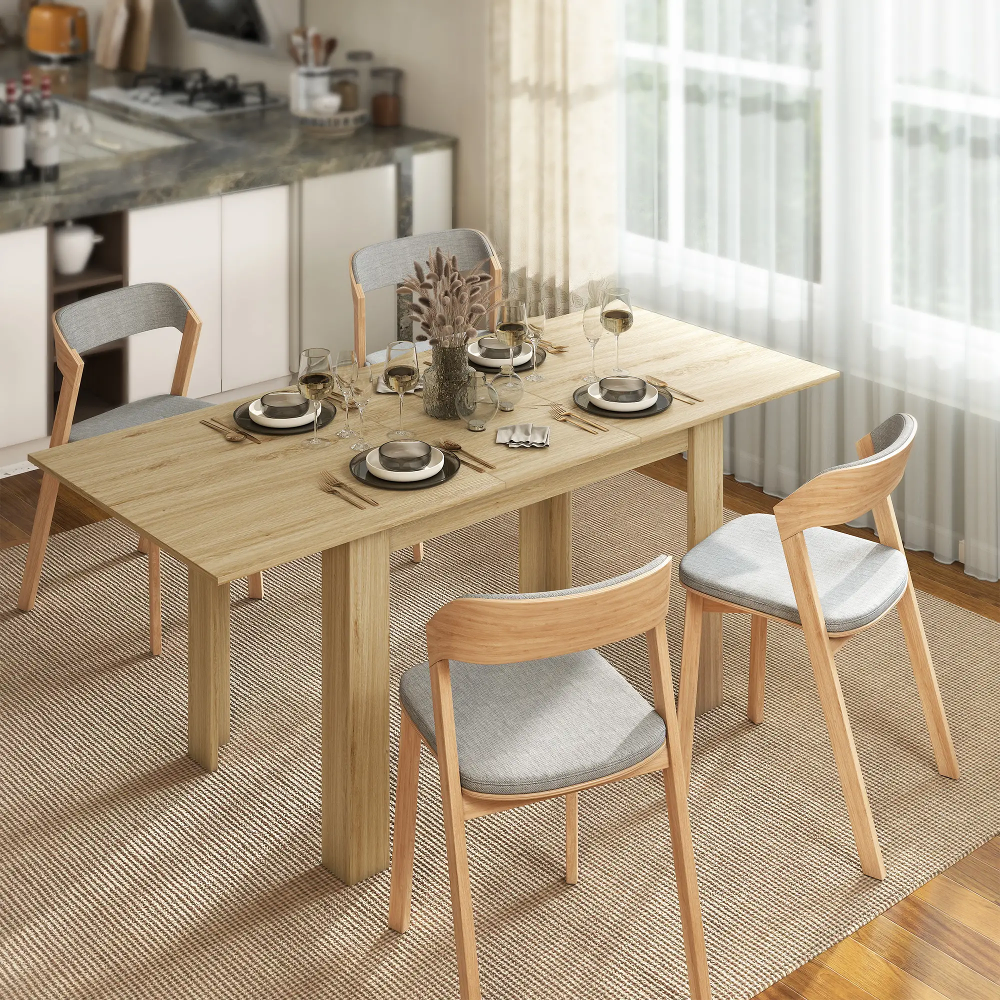 Extendable Dining Table, 55.1(70.9) x31.5 in, for 6-8, Natural Wood - Image 2