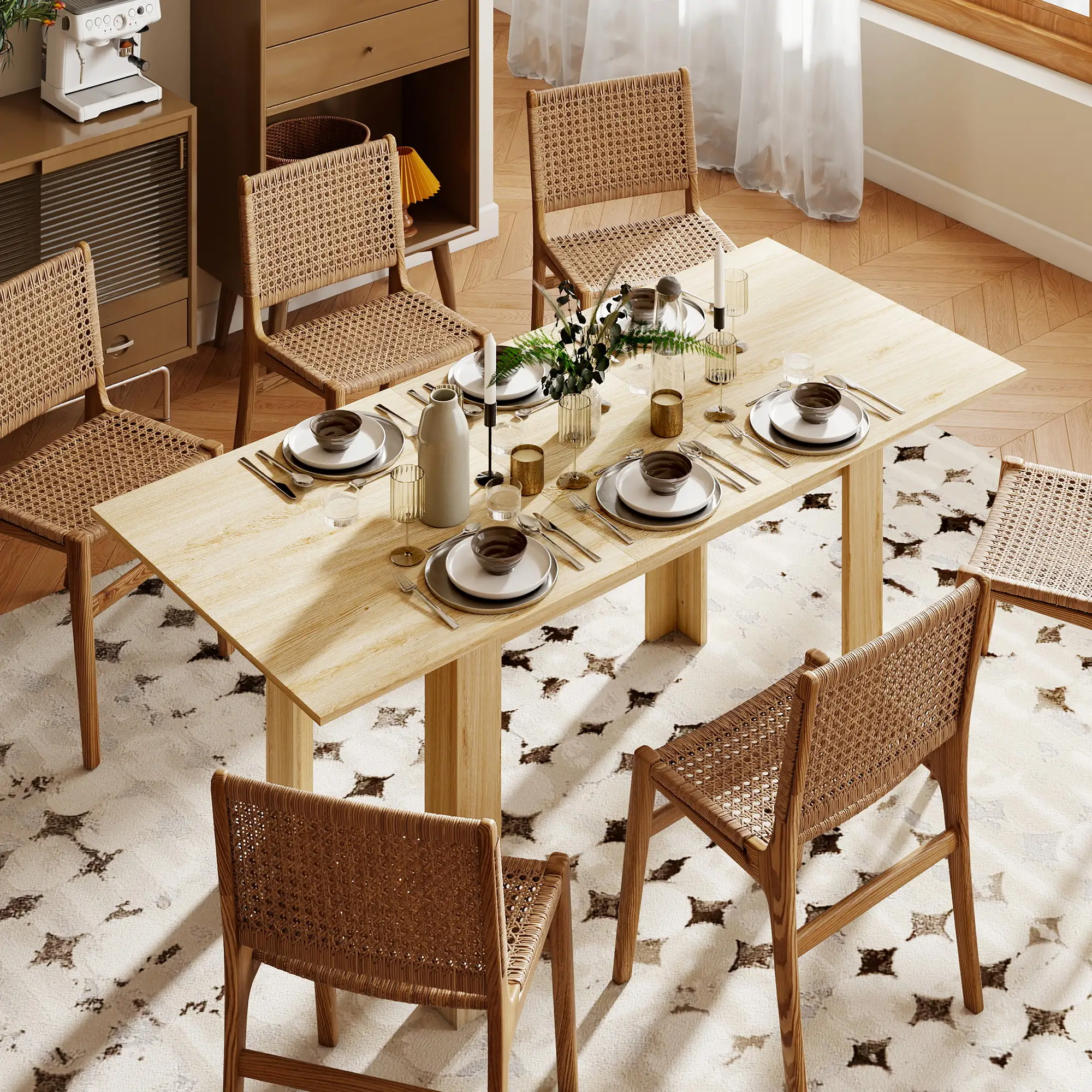 Extendable Dining Table, 55.1(70.9) x31.5 in, for 6-8, Natural Wood - Image 8