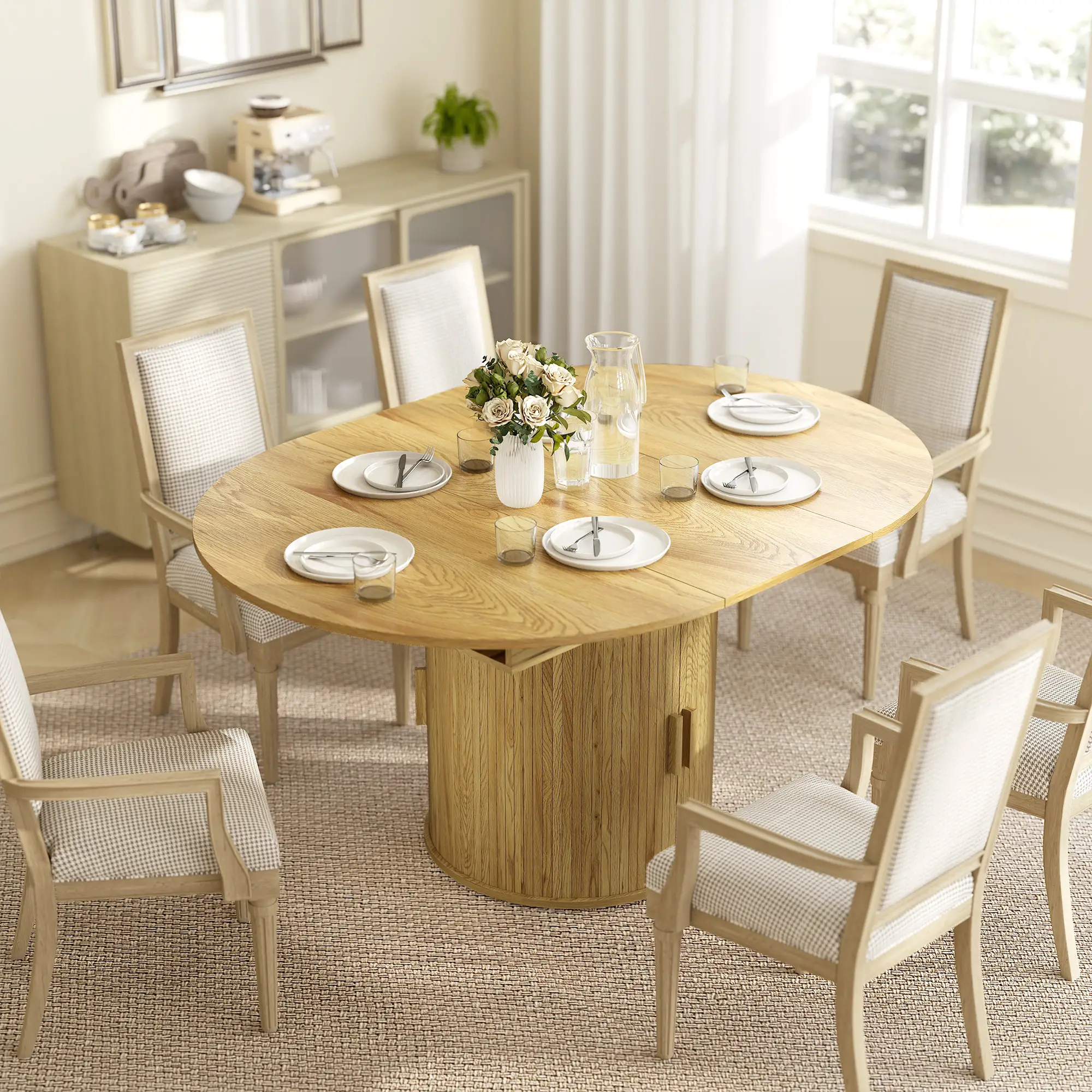 Extendable Dining Table For 6, 60", Natural, Farmhouse Kitchen Table With Storage, Natural - Image 2