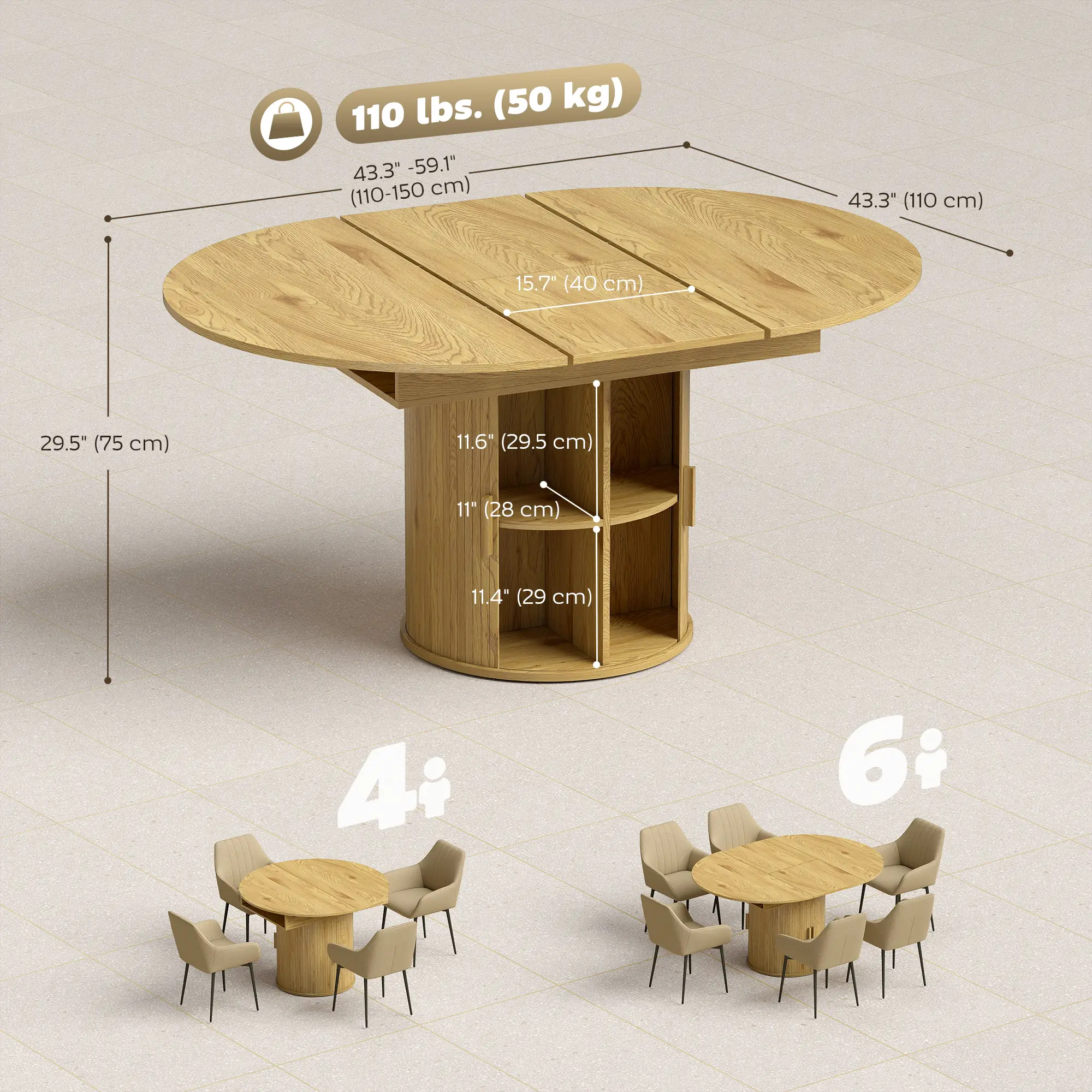 Extendable Dining Table For 6, 60", Natural, Farmhouse Kitchen Table With Storage, Natural - Image 3