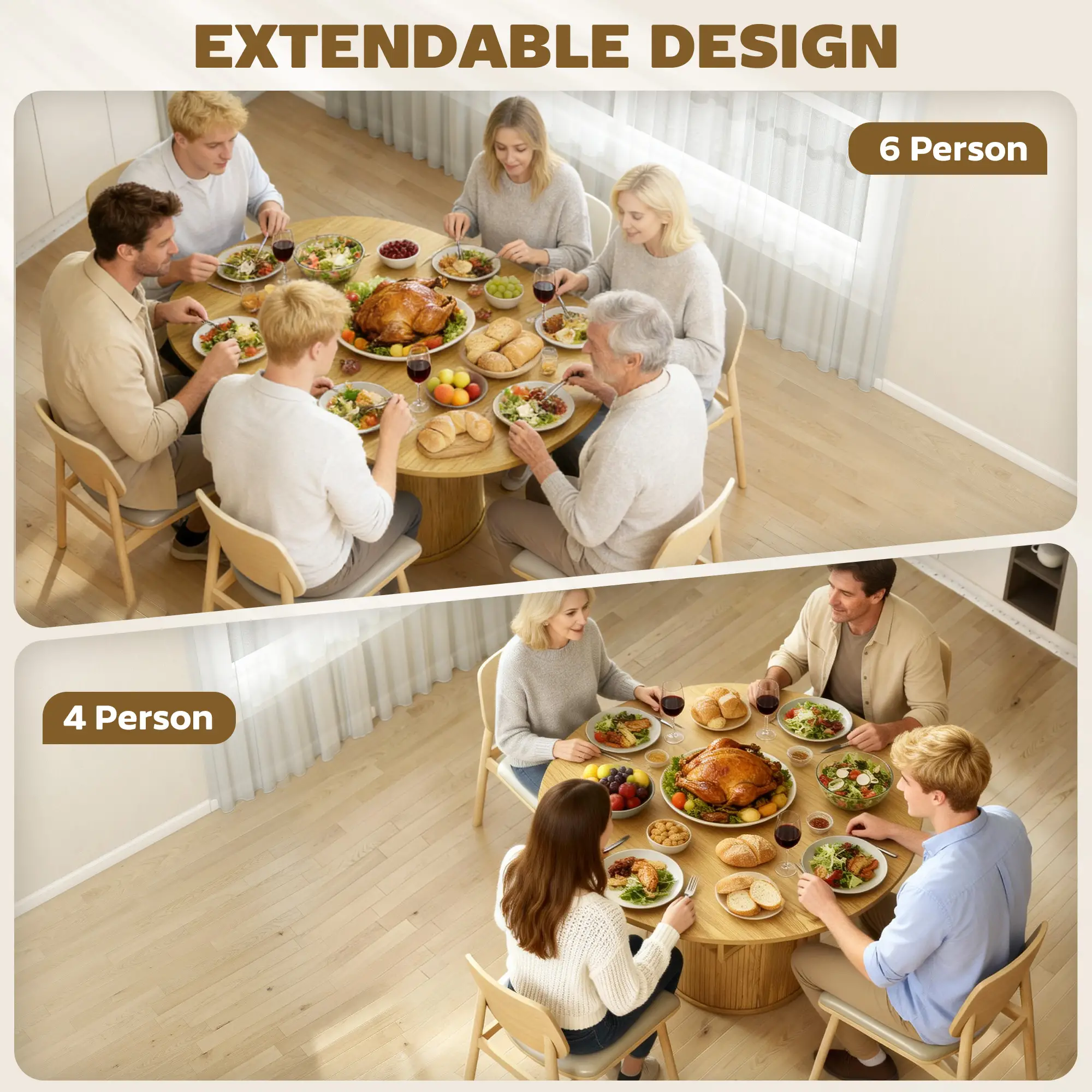Extendable Dining Table For 6, 60", Natural, Farmhouse Kitchen Table With Storage, Natural - Image 4