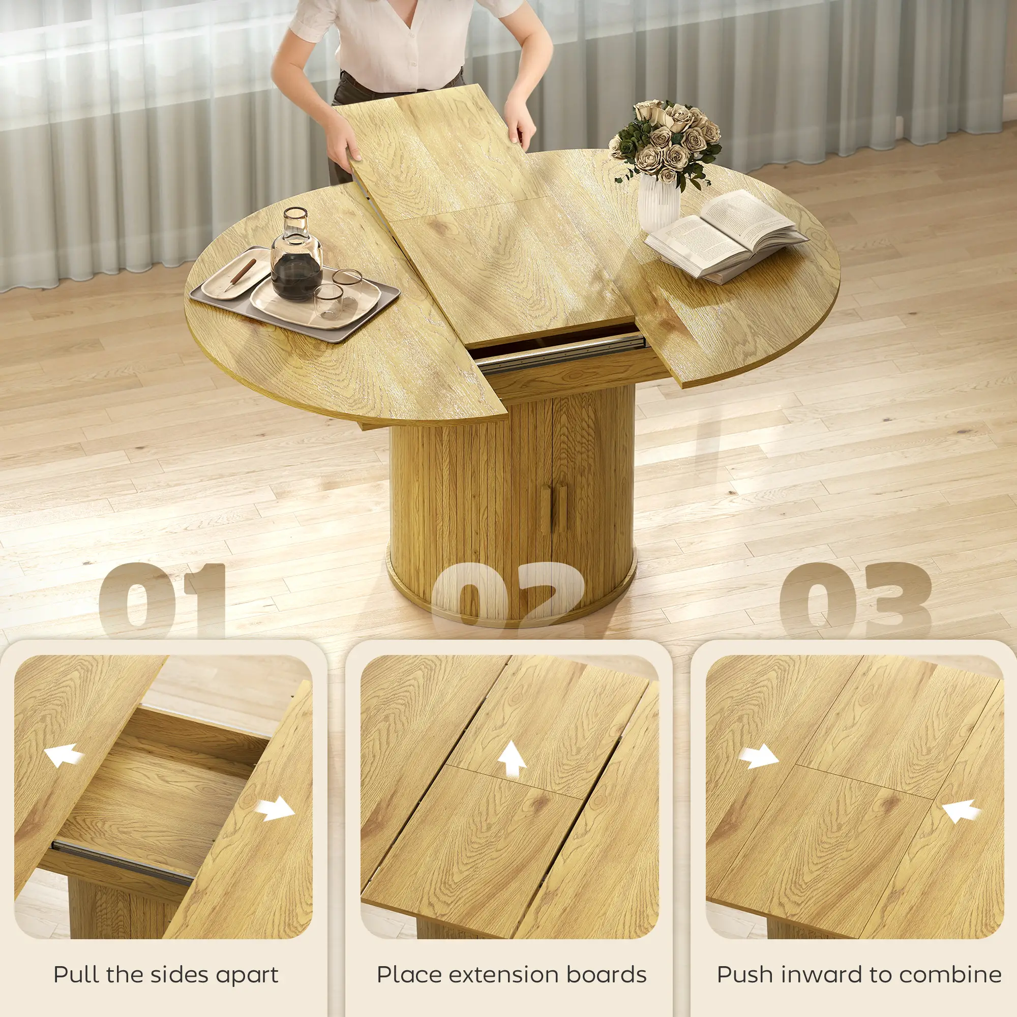 Extendable Dining Table For 6, 60", Natural, Farmhouse Kitchen Table With Storage, Natural - Image 5