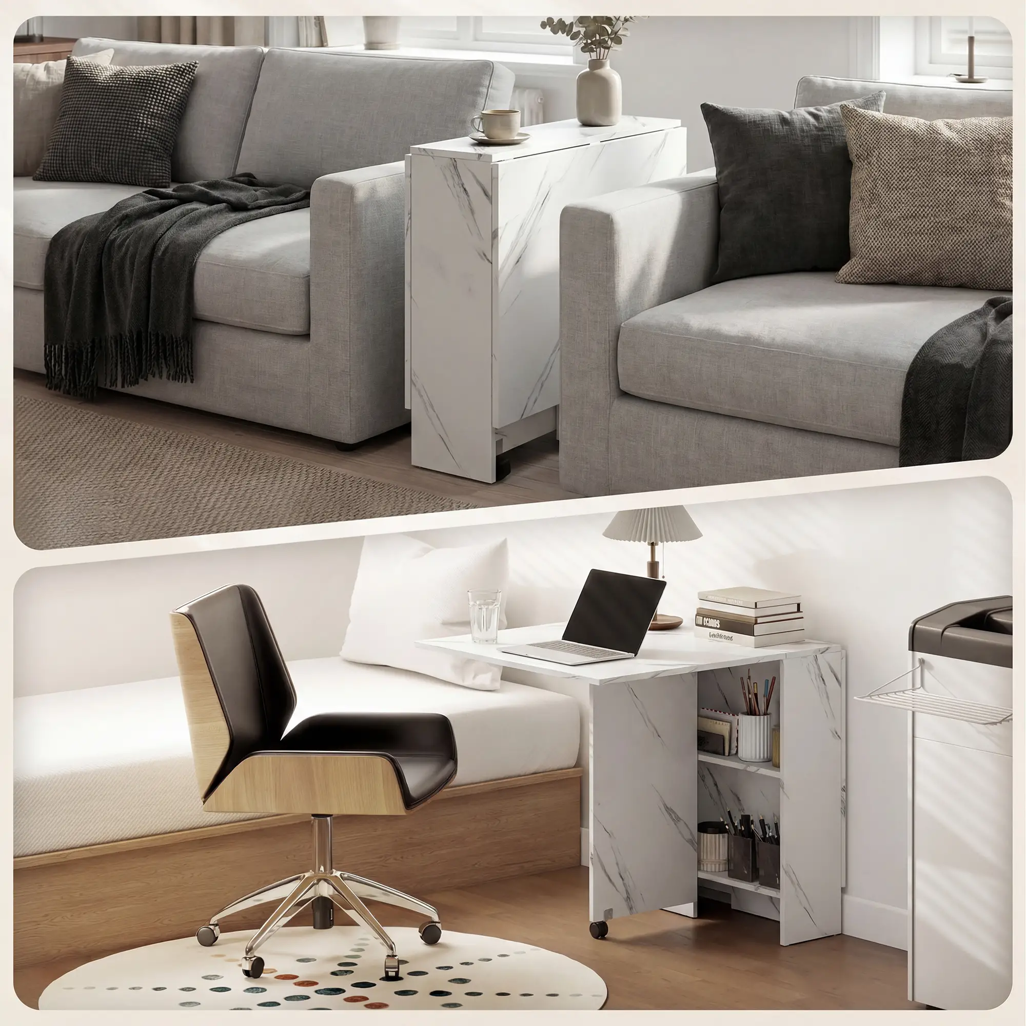Extendable Dining Table, Marble White, Collapsible With Shelves, White - Image 10