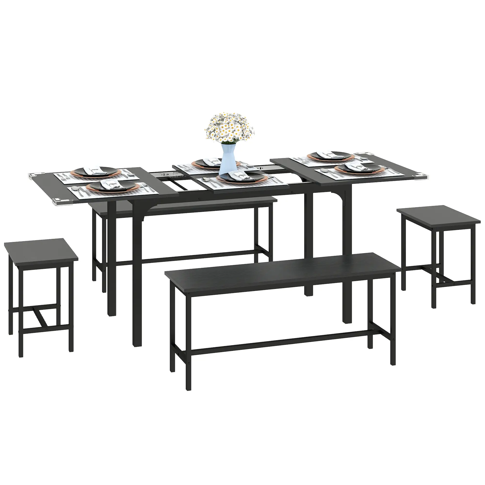 Extendable Dining Table Set, 5-Piece for 4-6 with 2 Benches and 2 Stools, Black