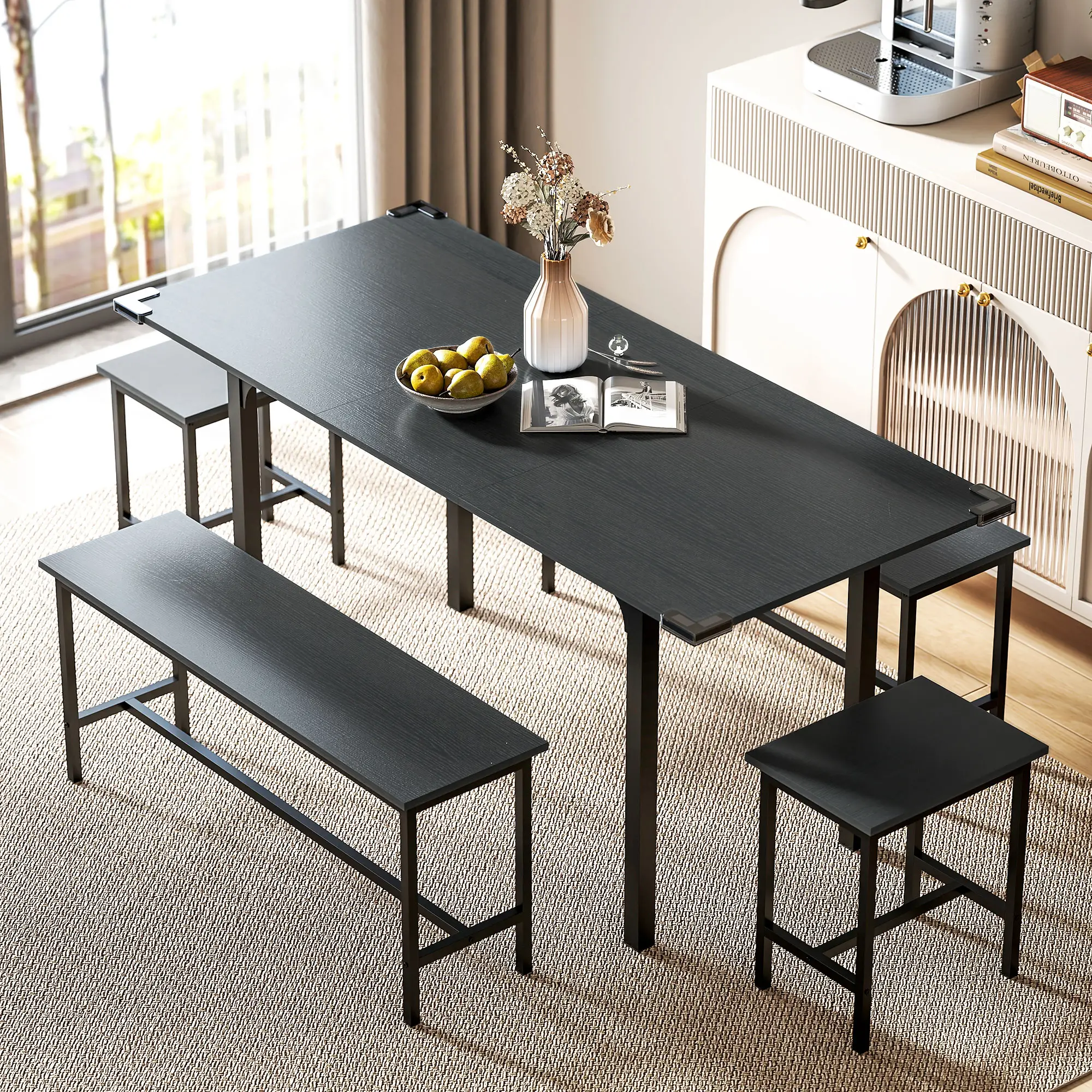 Extendable Dining Table Set, 5-Piece for 4-6 with 2 Benches and 2 Stools, Black - Image 11
