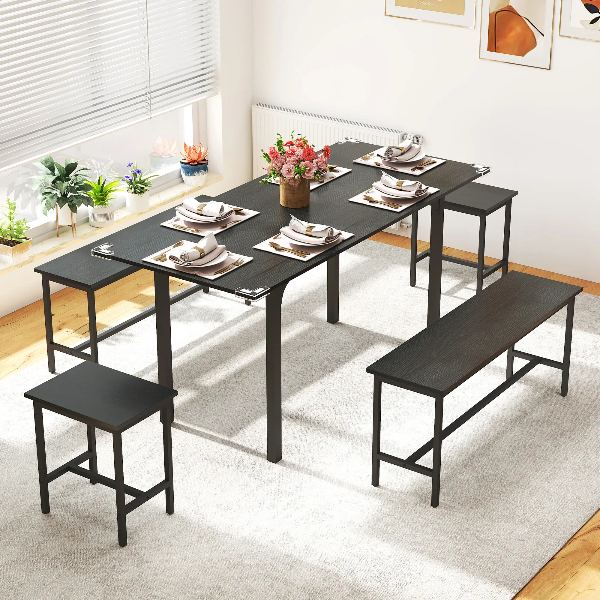 Extendable Dining Table Set, 5-Piece for 4-6 with 2 Benches and 2 Stools, Black - Image 2