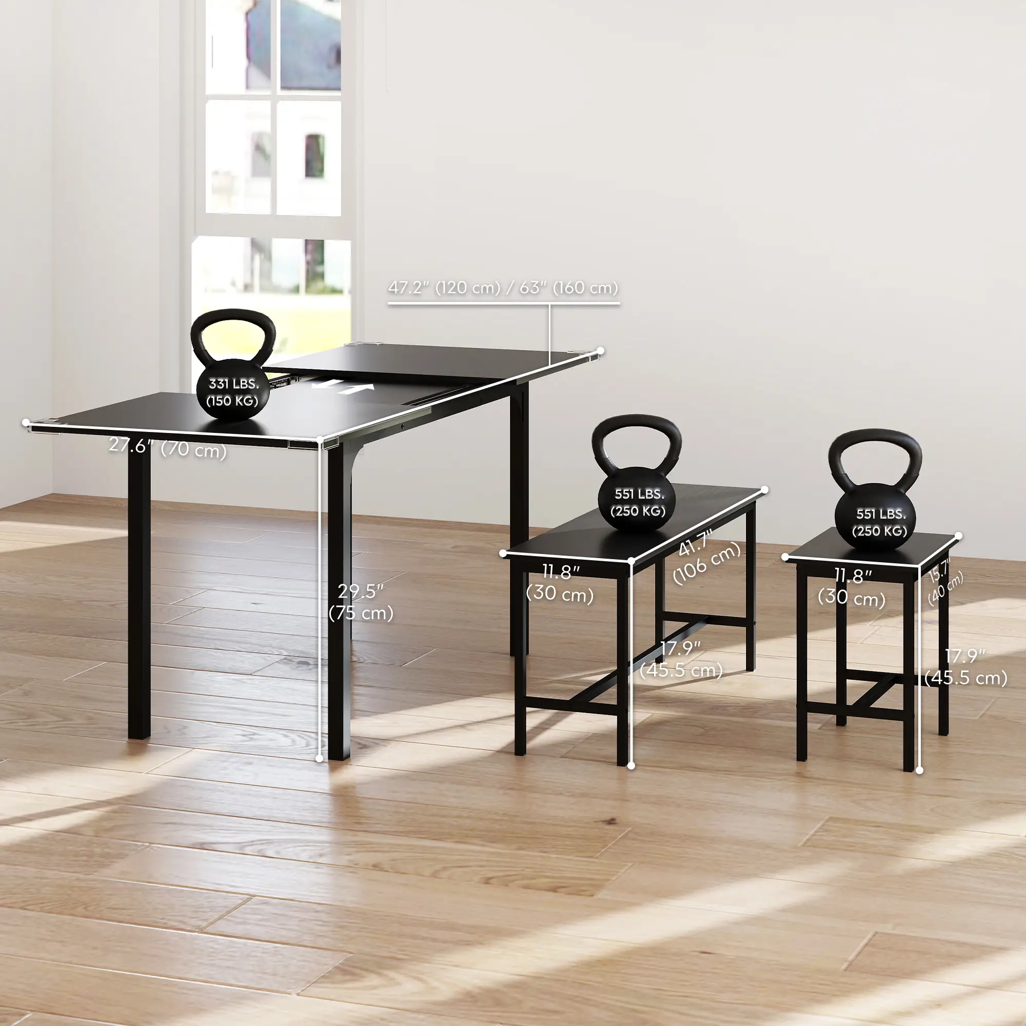 Extendable Dining Table Set, 5-Piece for 4-6 with 2 Benches and 2 Stools, Black - Image 3