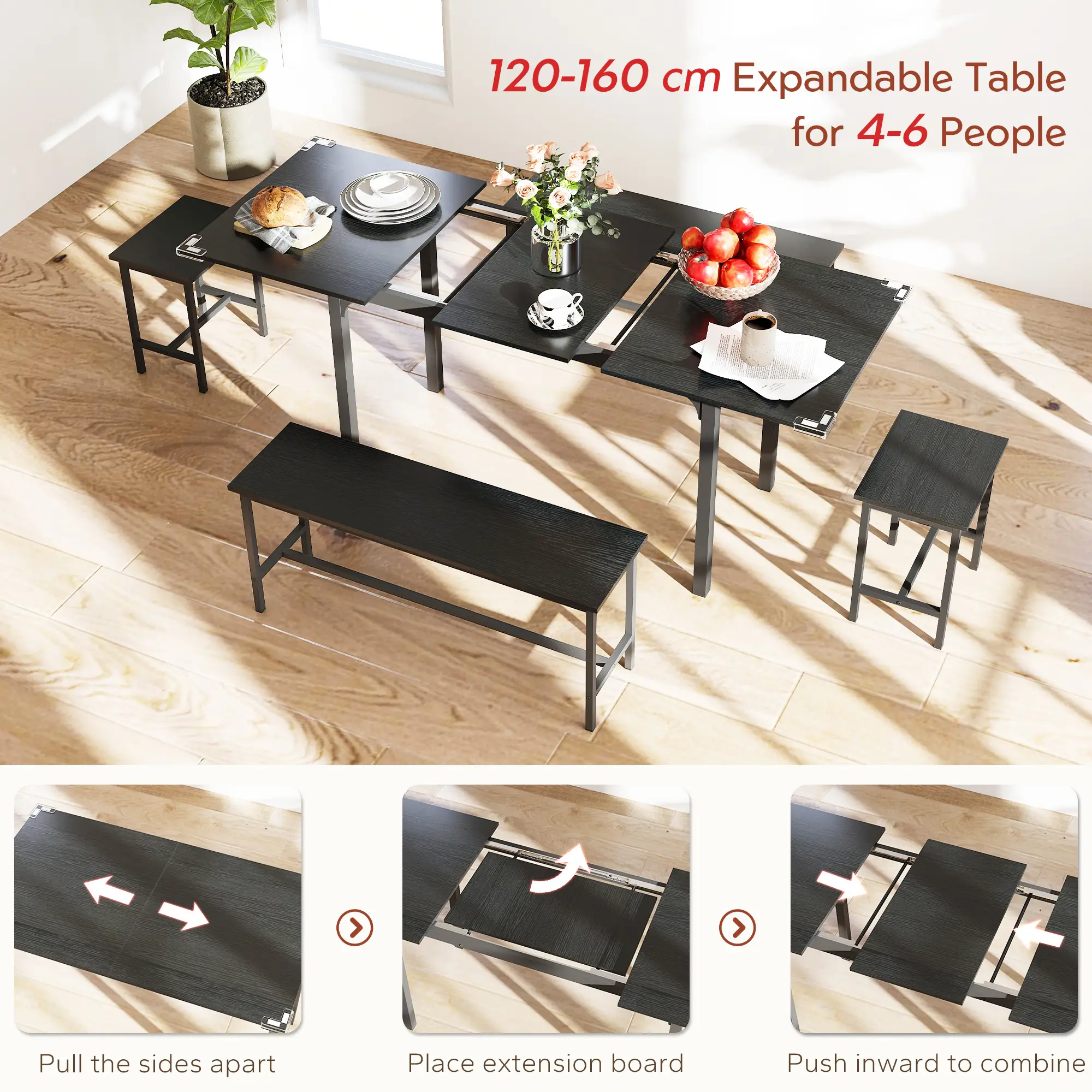 Extendable Dining Table Set, 5-Piece for 4-6 with 2 Benches and 2 Stools, Black - Image 4