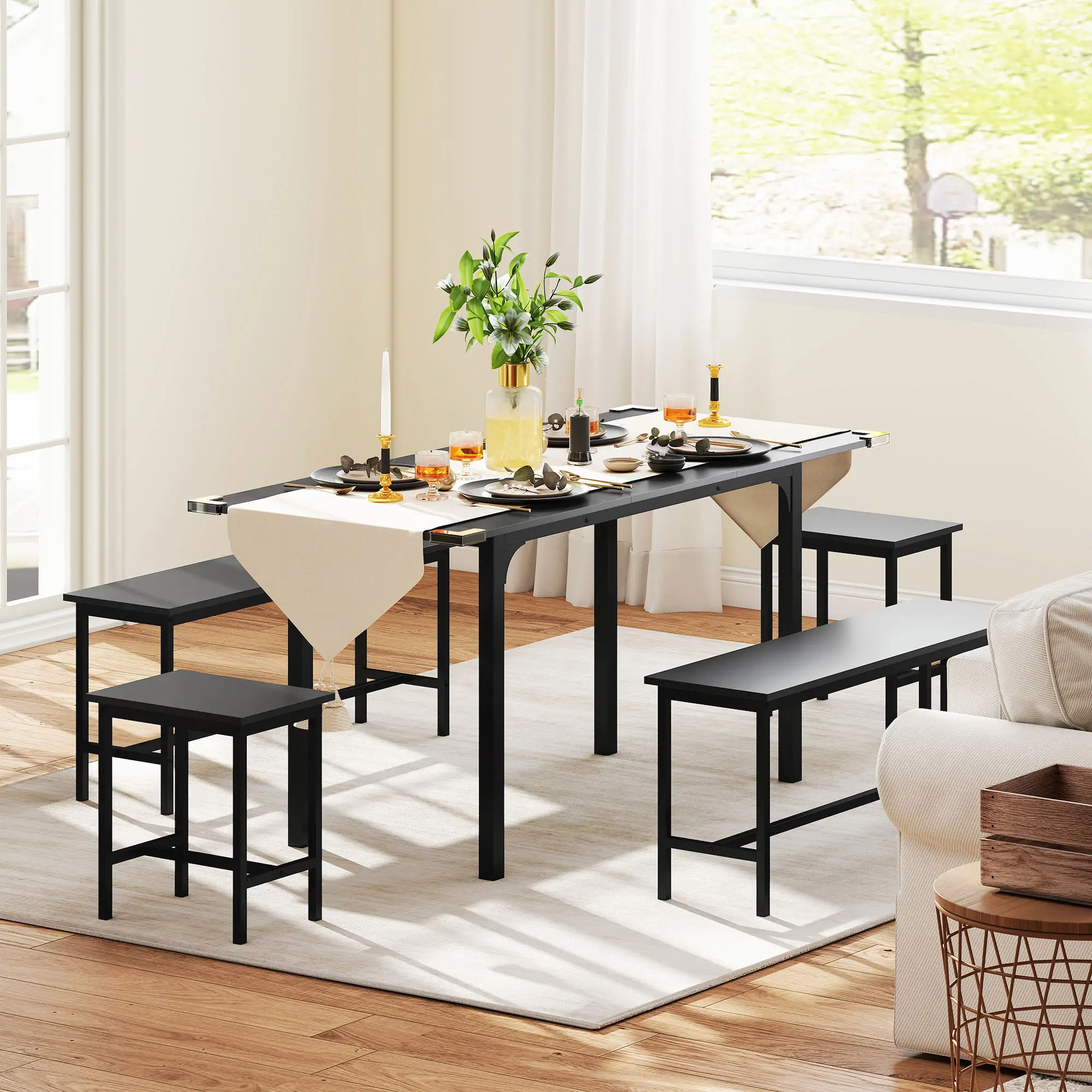 Extendable Dining Table Set, 5-Piece for 4-6 with 2 Benches and 2 Stools, Black - Image 9