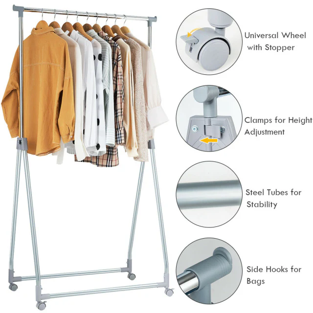 Extendable Foldable Heavy Duty Clothing Rack, Silver - Image 9