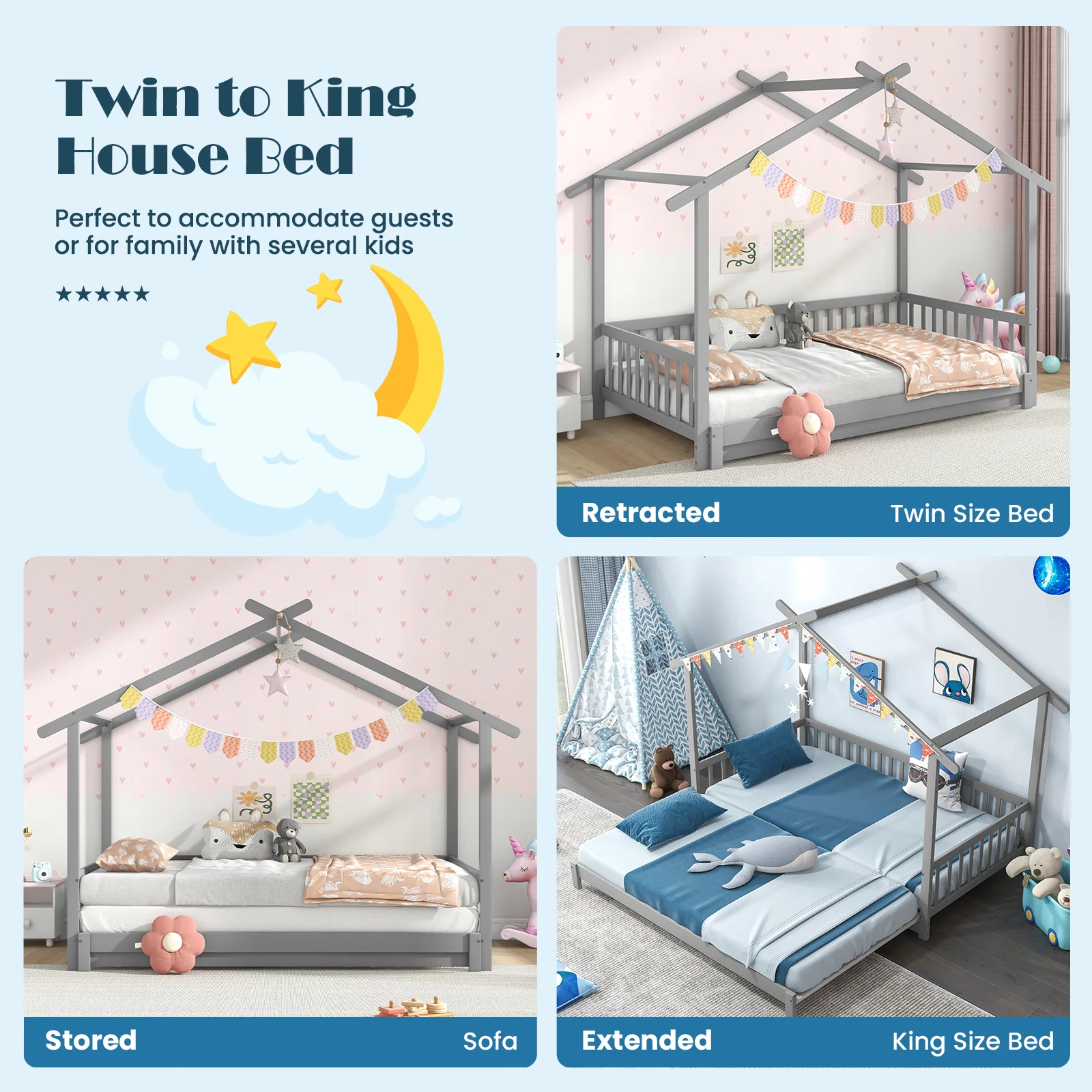 Extendable House Bed, Twin To King, Gray - Image 10