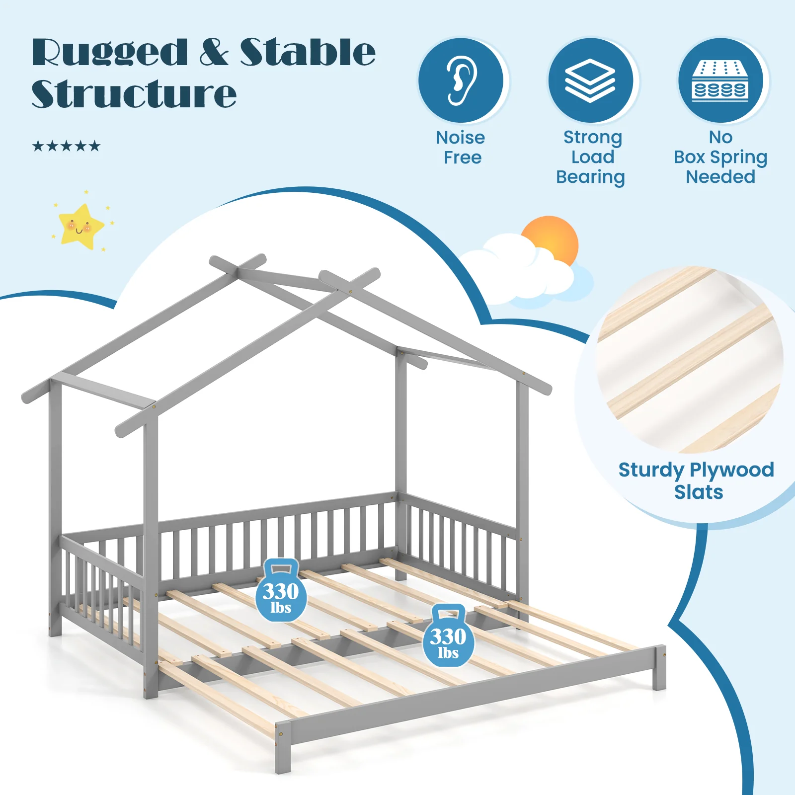 Extendable House Bed, Twin To King, Gray - Image 8