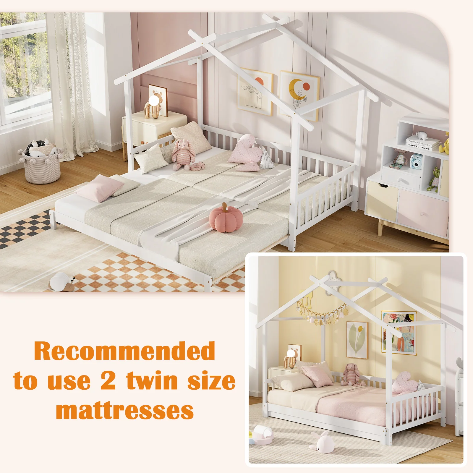 Extendable House Bed, Twin To King, White - Image 9